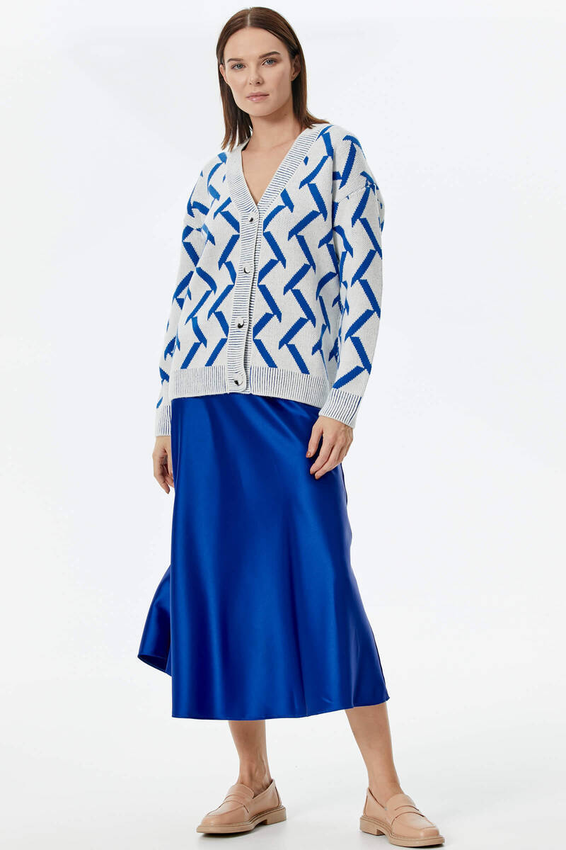 Geometrik Desenli Triko Hırka - Kemik-Saks (3) Sementa