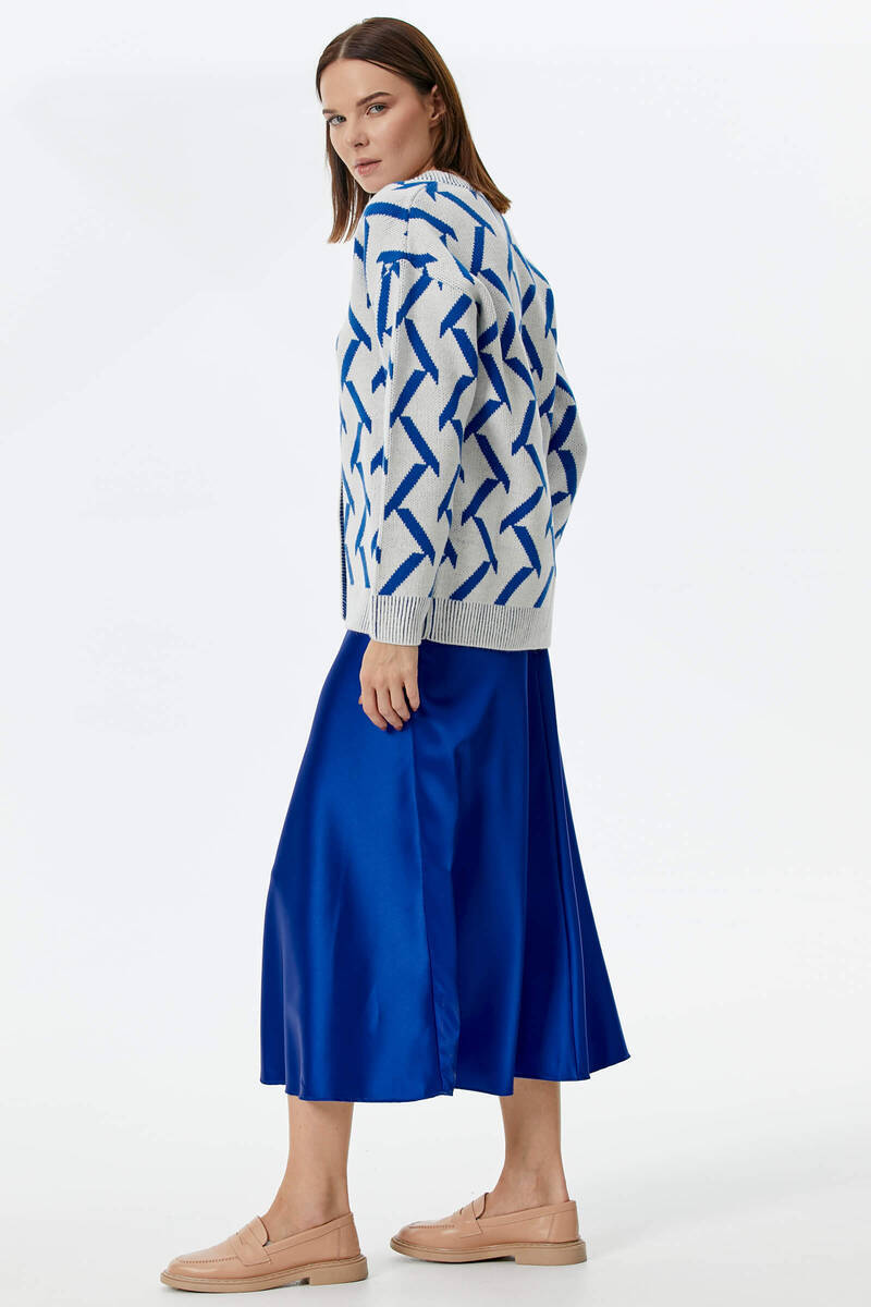 Geometrik Desenli Triko Hırka - Kemik-Saks (4) Sementa