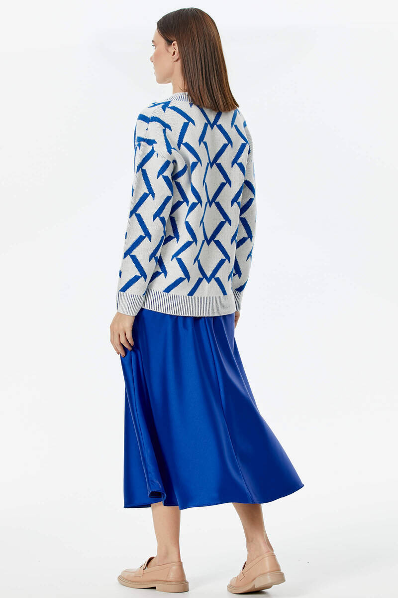 Geometrik Desenli Triko Hırka - Kemik-Saks (5) Sementa