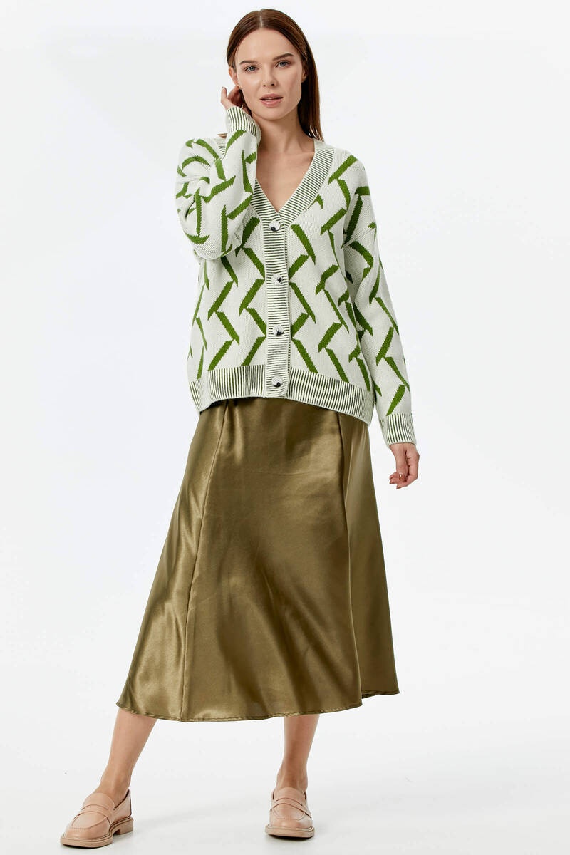 Geometrik Desenli Triko Hırka - Kemik - Yeşil (5) Sementa
