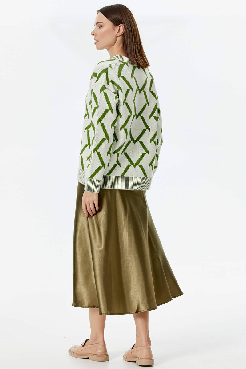 Geometrik Desenli Triko Hırka - Kemik - Yeşil (7) Sementa
