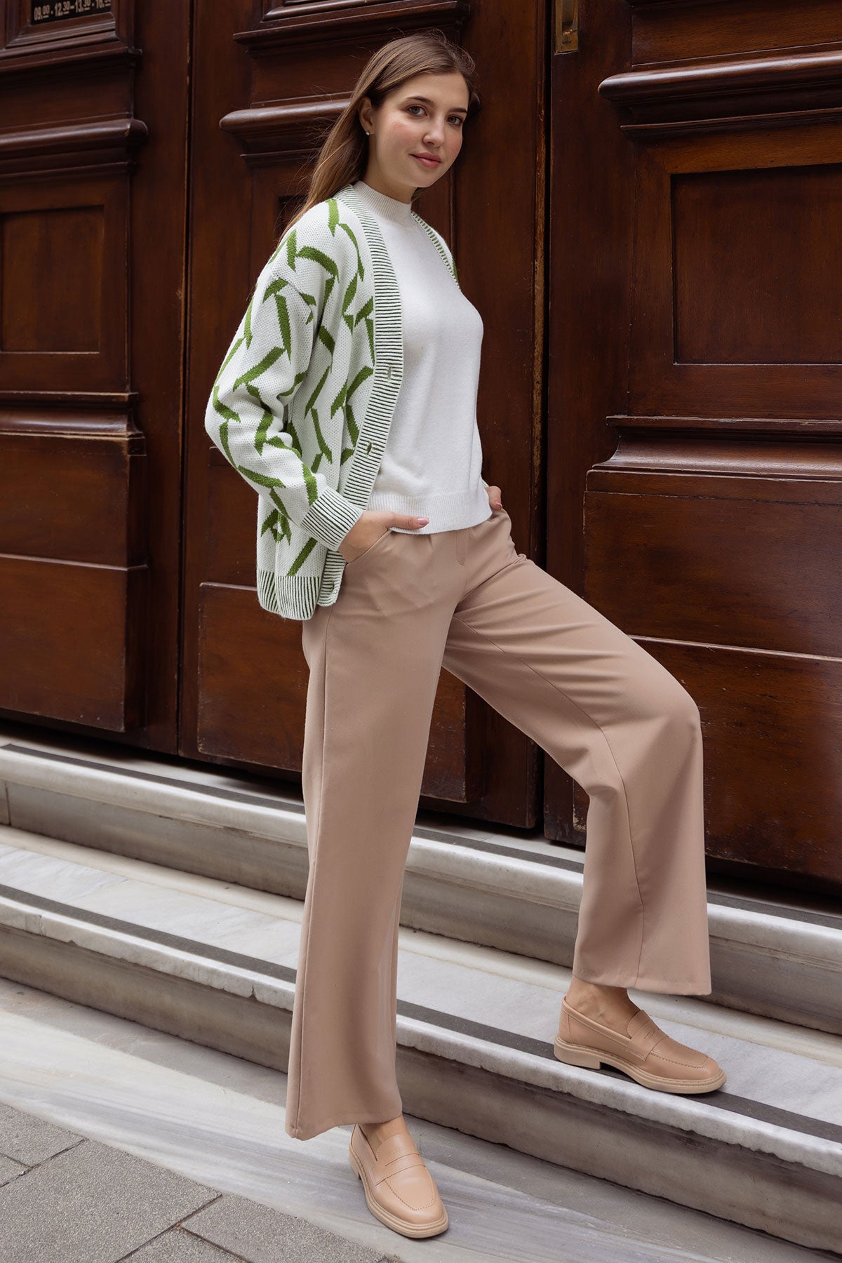 Geometrik Desenli Triko Hırka - Kemik - Yeşil (2) Sementa