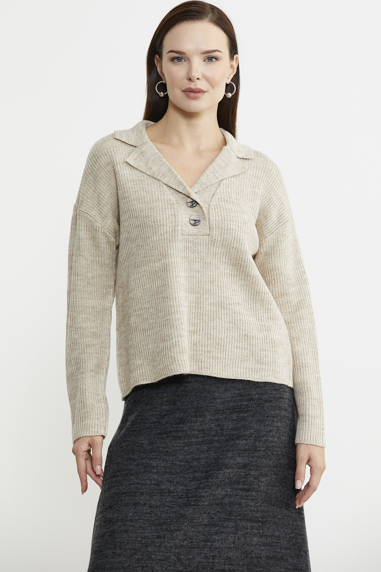 Gömlek Yaka Düğmeli Yünlü Triko Kazak - Bej - Sementa