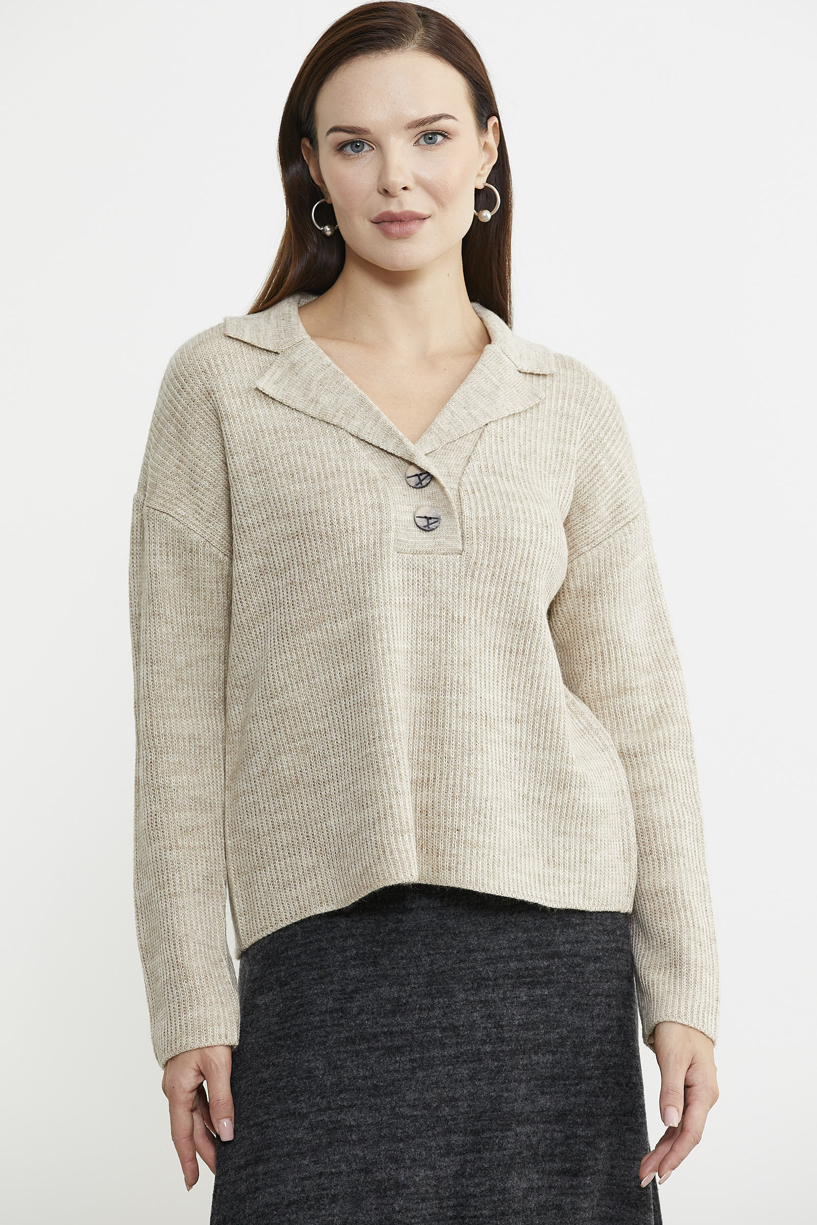 Gömlek Yaka Düğmeli Yünlü Triko Kazak - Bej - Sementa