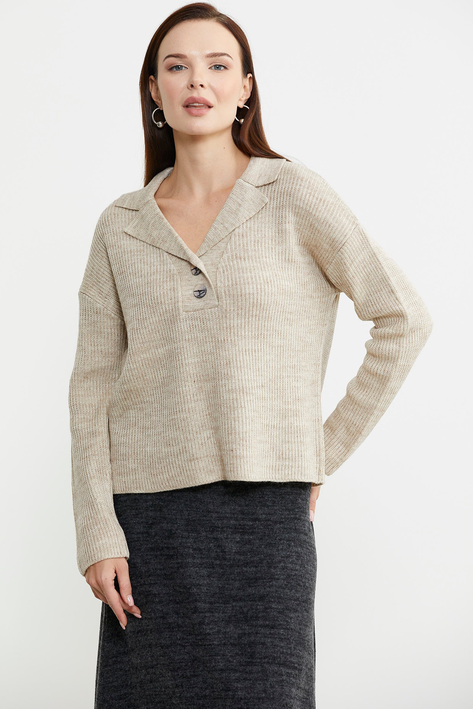 Gömlek Yaka Düğmeli Yünlü Triko Kazak - Bej - Sementa