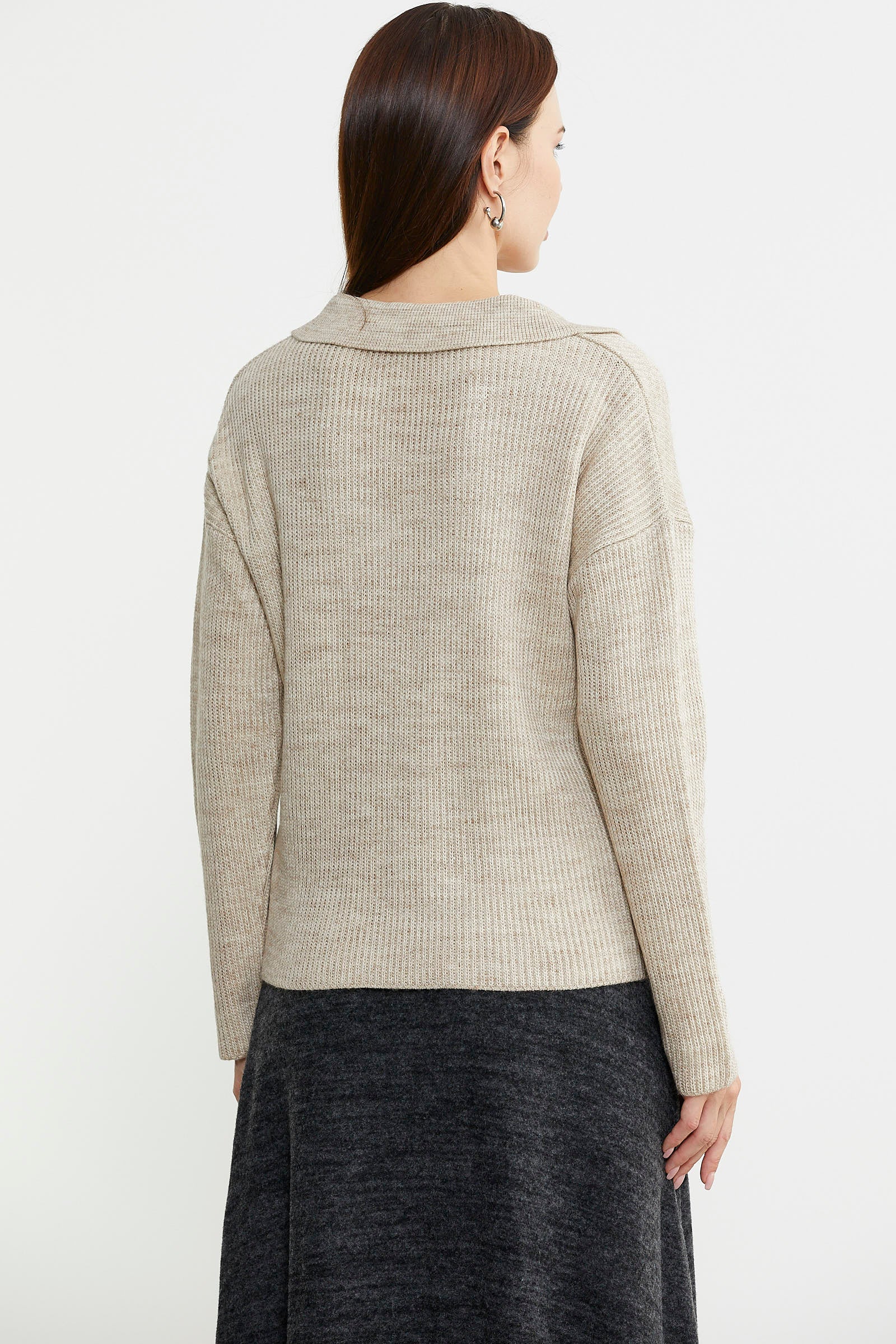 Gömlek Yaka Düğmeli Yünlü Triko Kazak - Bej - Sementa