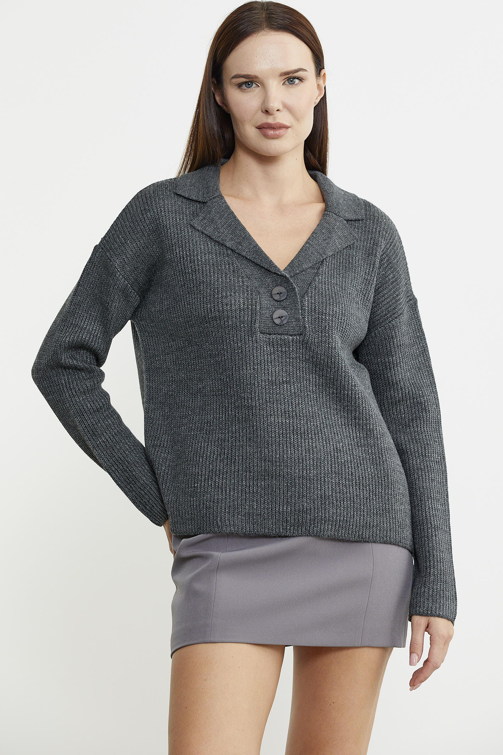 Gömlek Yaka Düğmeli Yünlü Triko Kazak - Gri - Sementa