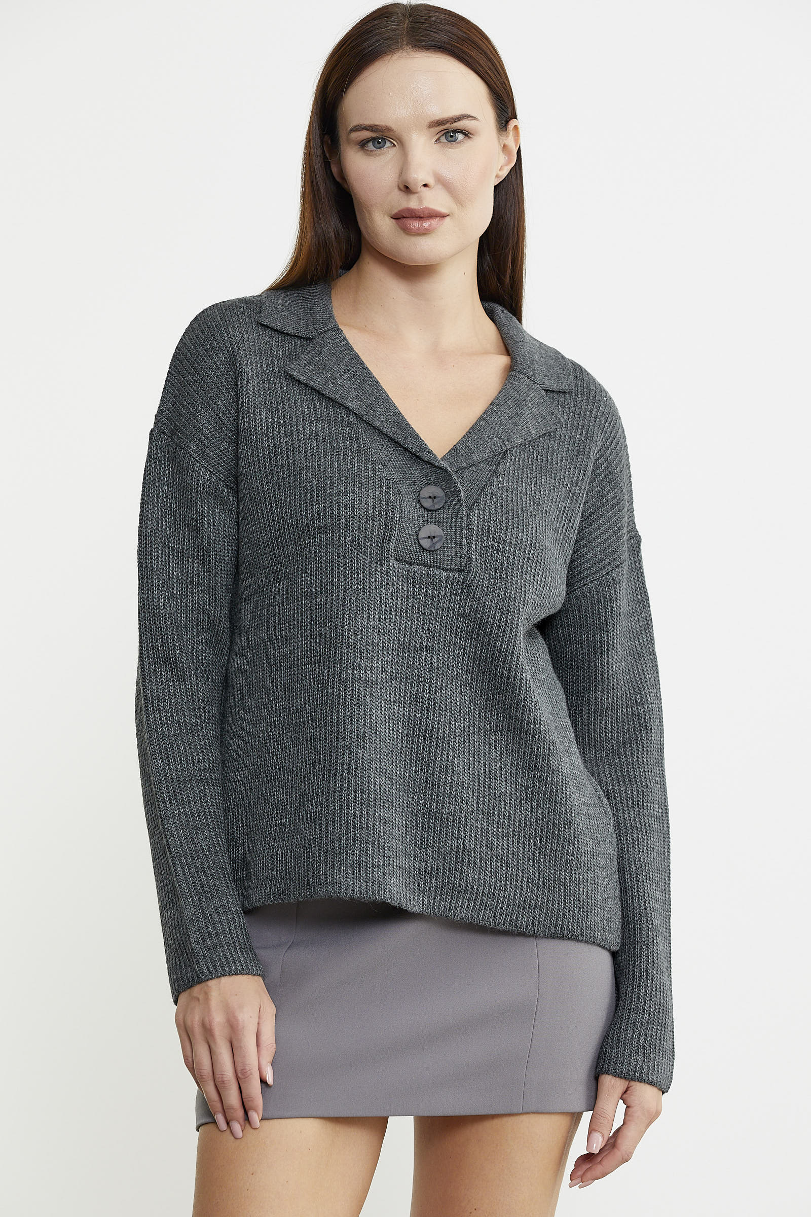 Gömlek Yaka Düğmeli Yünlü Triko Kazak - Gri - Sementa
