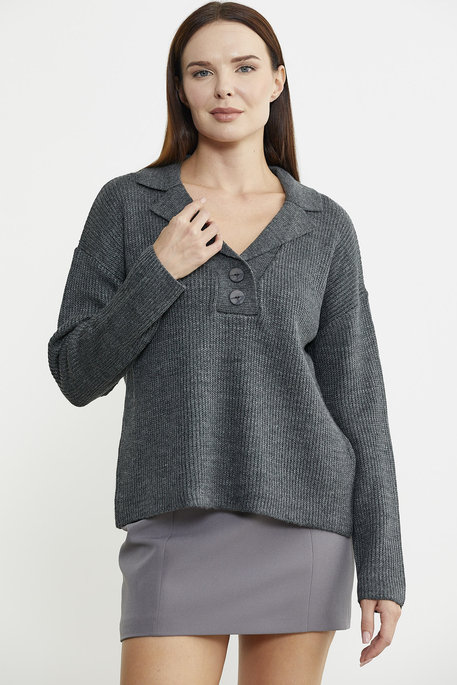 Gömlek Yaka Düğmeli Yünlü Triko Kazak - Gri - Sementa