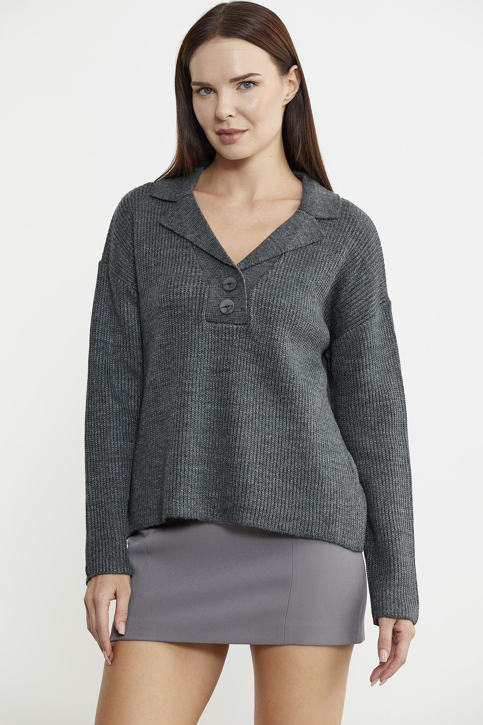 Gömlek Yaka Düğmeli Yünlü Triko Kazak - Gri - Sementa