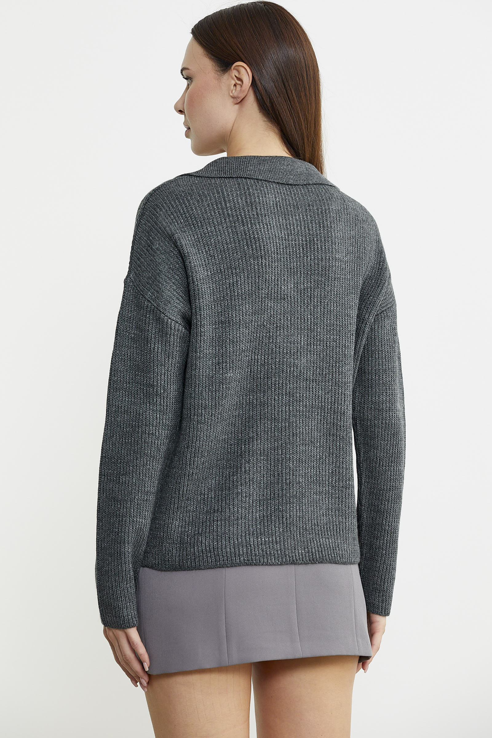 Gömlek Yaka Düğmeli Yünlü Triko Kazak - Gri - Sementa