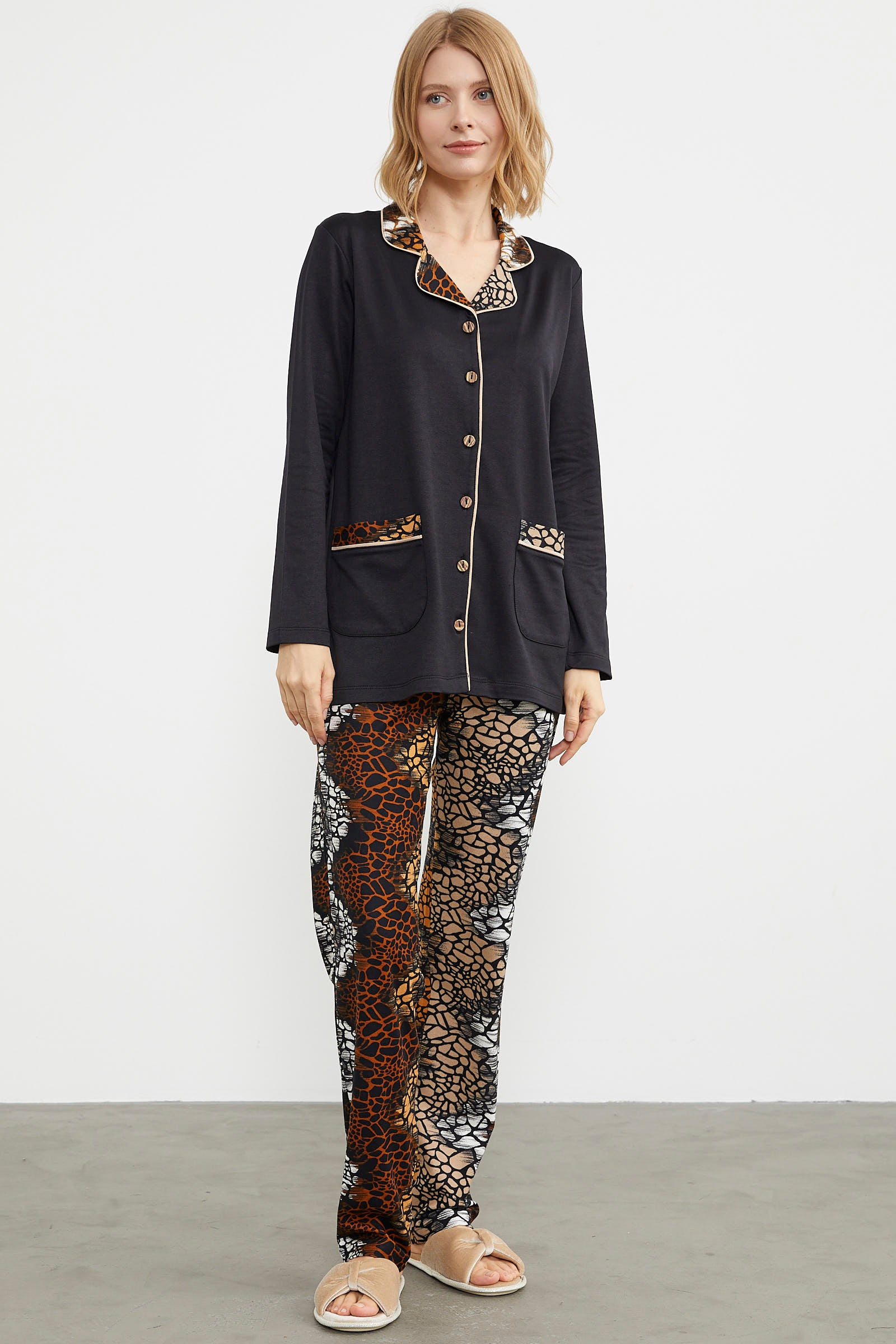 Gömlek Yaka Düğmeli Pijama Takım - Siyah (1) Sementa