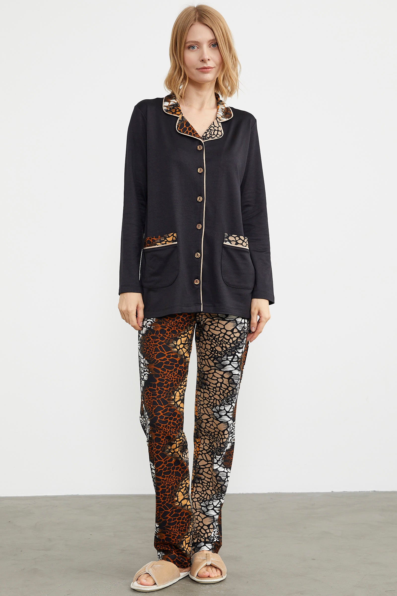 Gömlek Yaka Düğmeli Pijama Takım - Siyah (2) Sementa