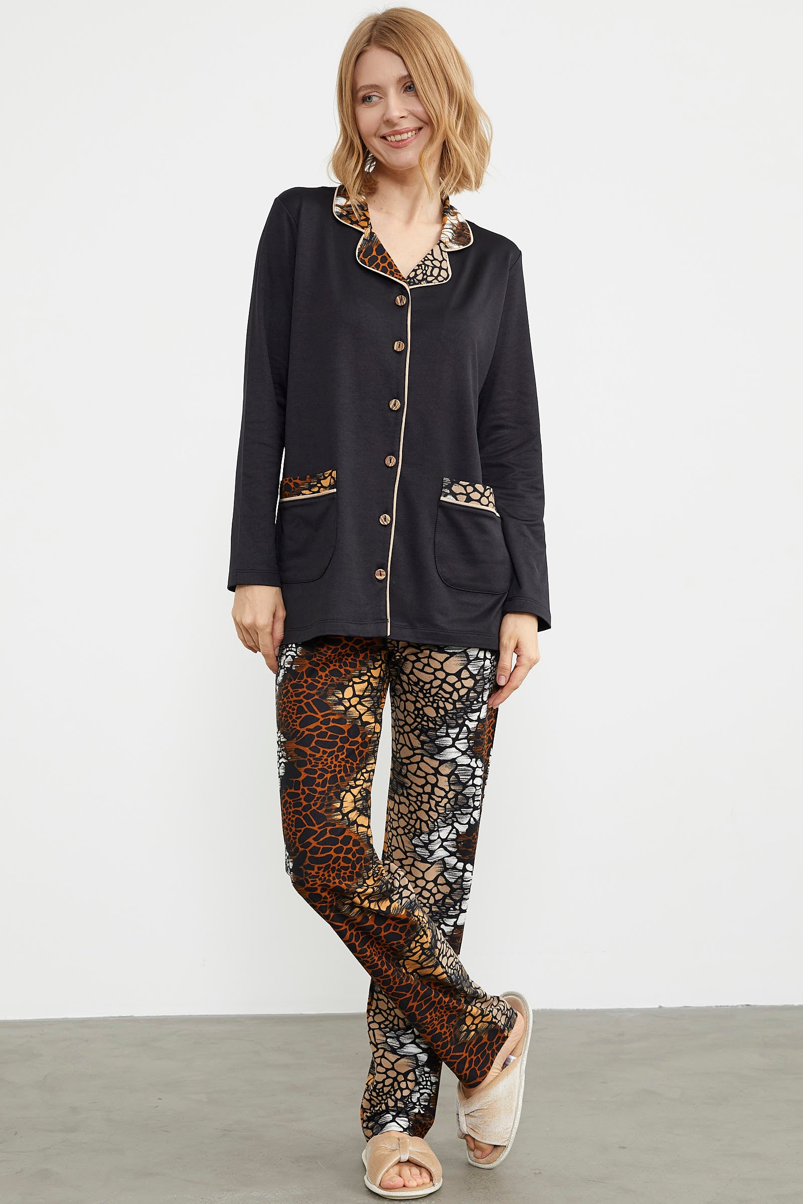 Gömlek Yaka Düğmeli Pijama Takım - Siyah (3) Sementa