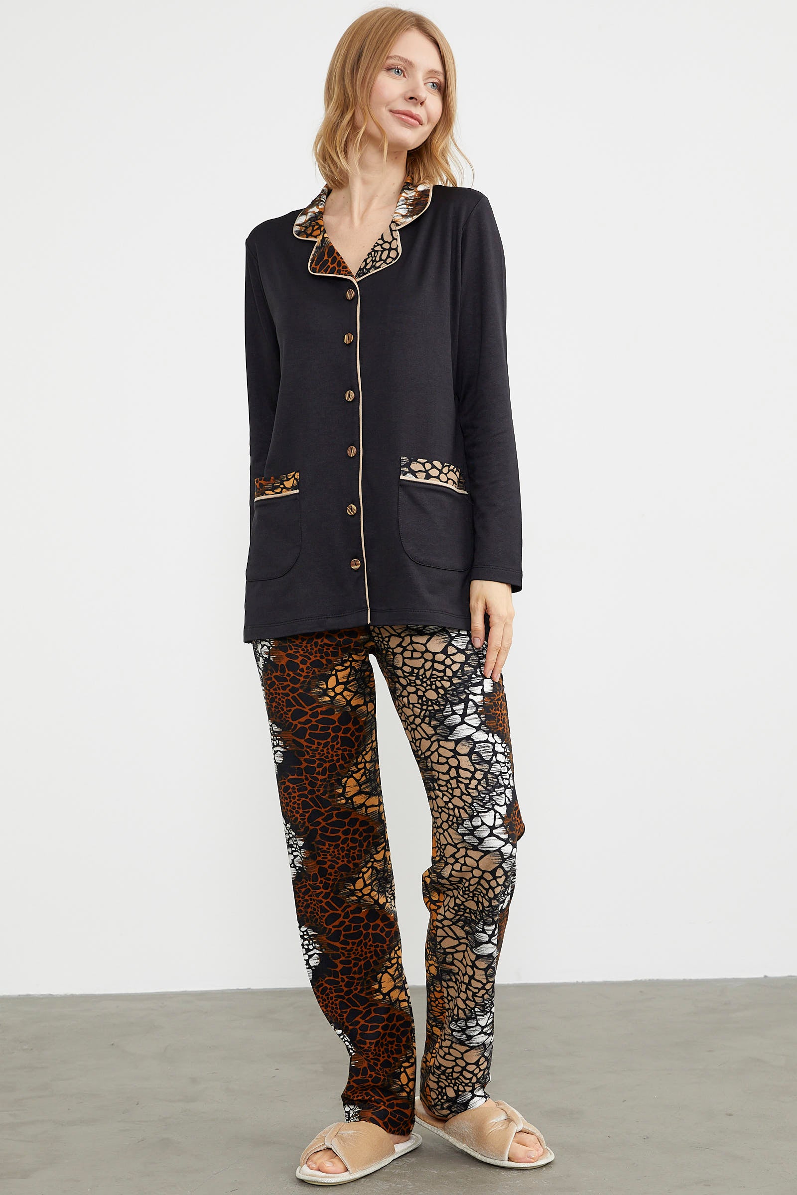 Gömlek Yaka Düğmeli Pijama Takım - Siyah (4) Sementa