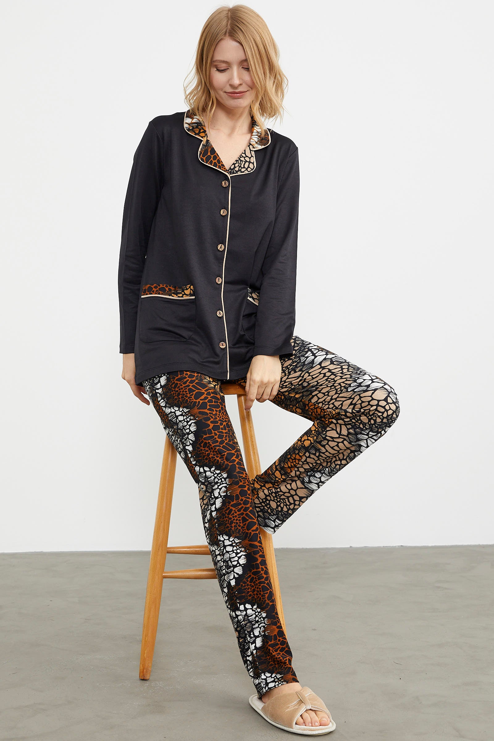 Gömlek Yaka Düğmeli Pijama Takım - Siyah (5) Sementa