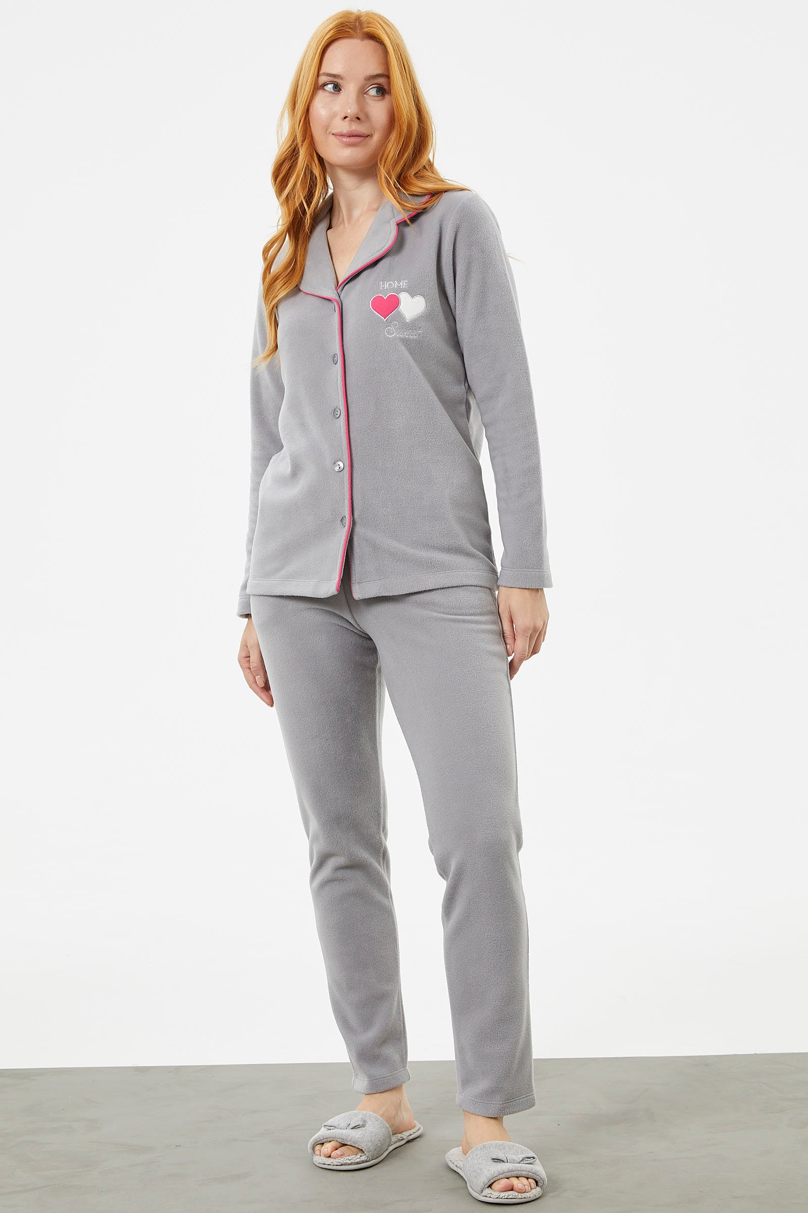 Gömlek Yaka Düğmeli Polar Pijama Takım - Gri (3) Sementa