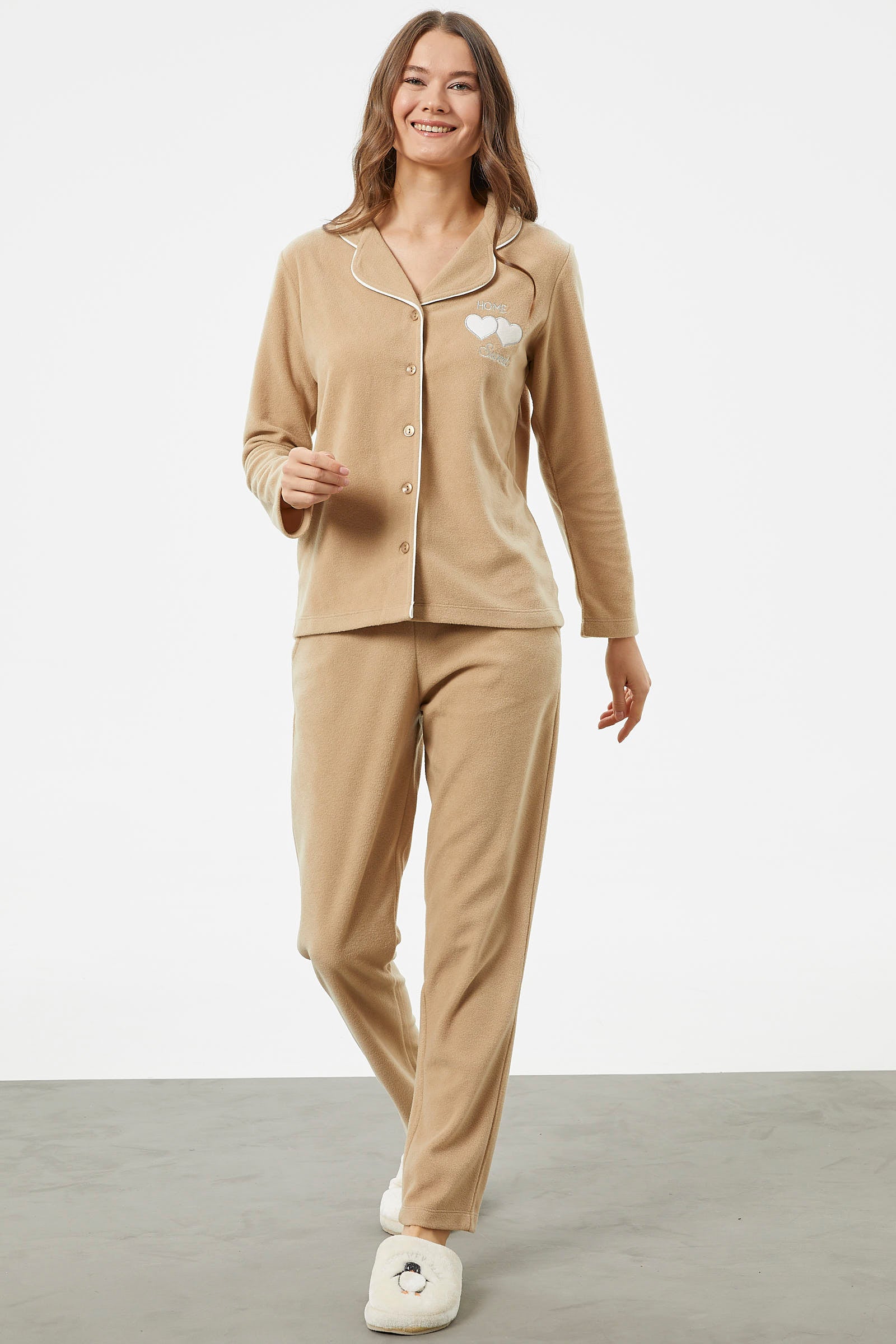 Gömlek Yaka Düğmeli Polar Pijama Takım - Kamel (3) Sementa