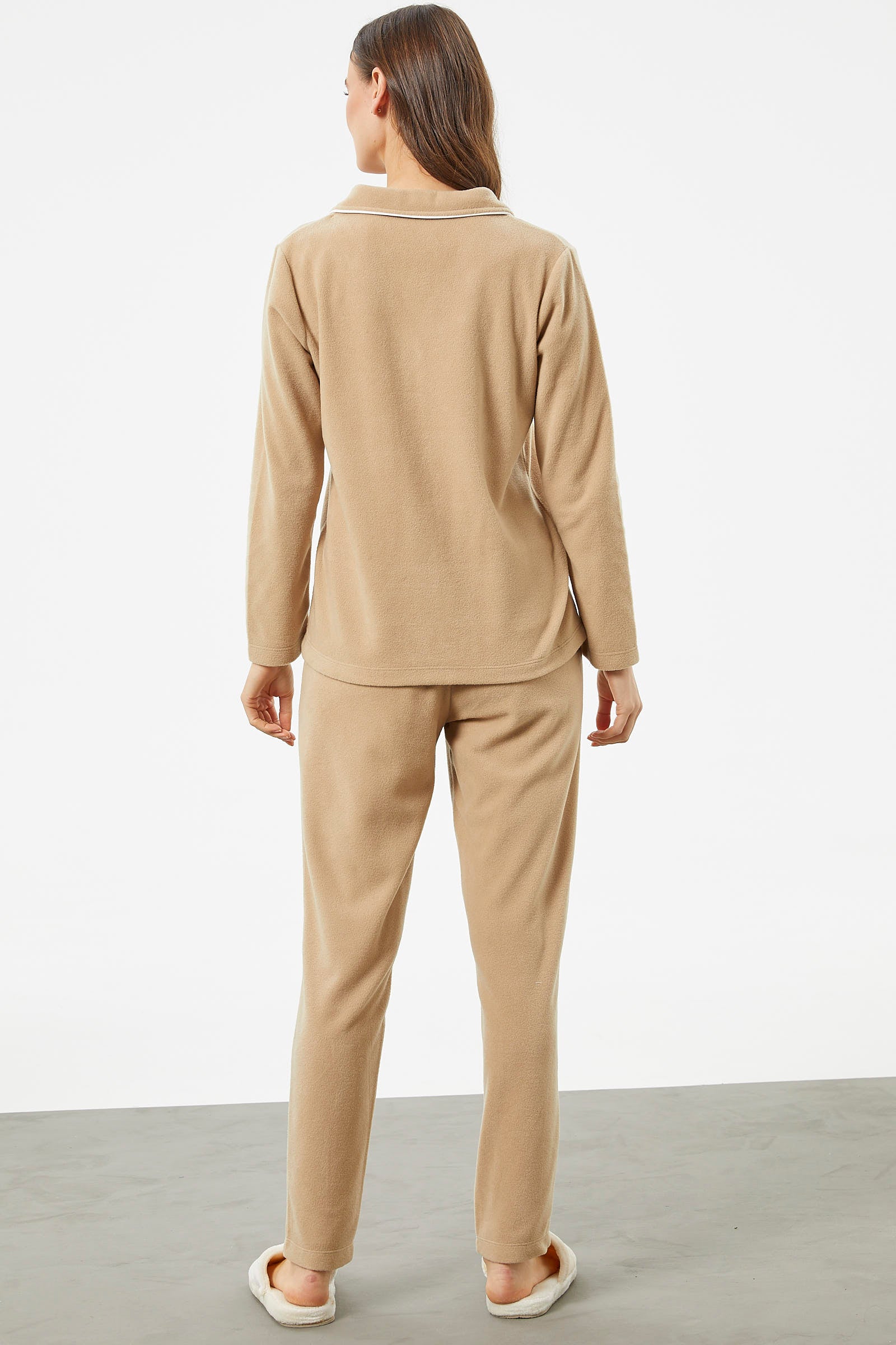 Gömlek Yaka Düğmeli Polar Pijama Takım - Kamel (7) Sementa