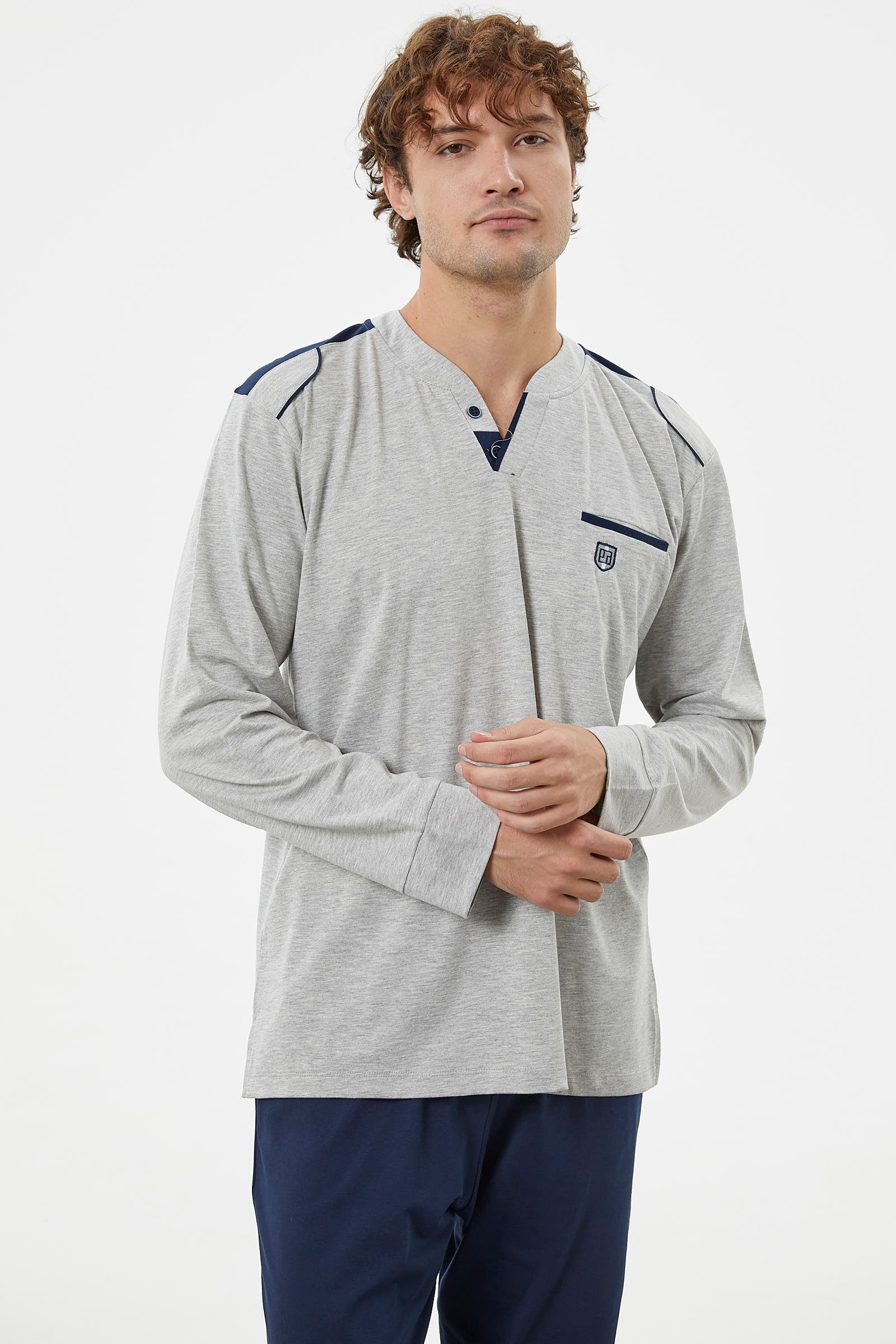 Hakim Yaka Cepli Pijama Takım - Gri (3) Sementa