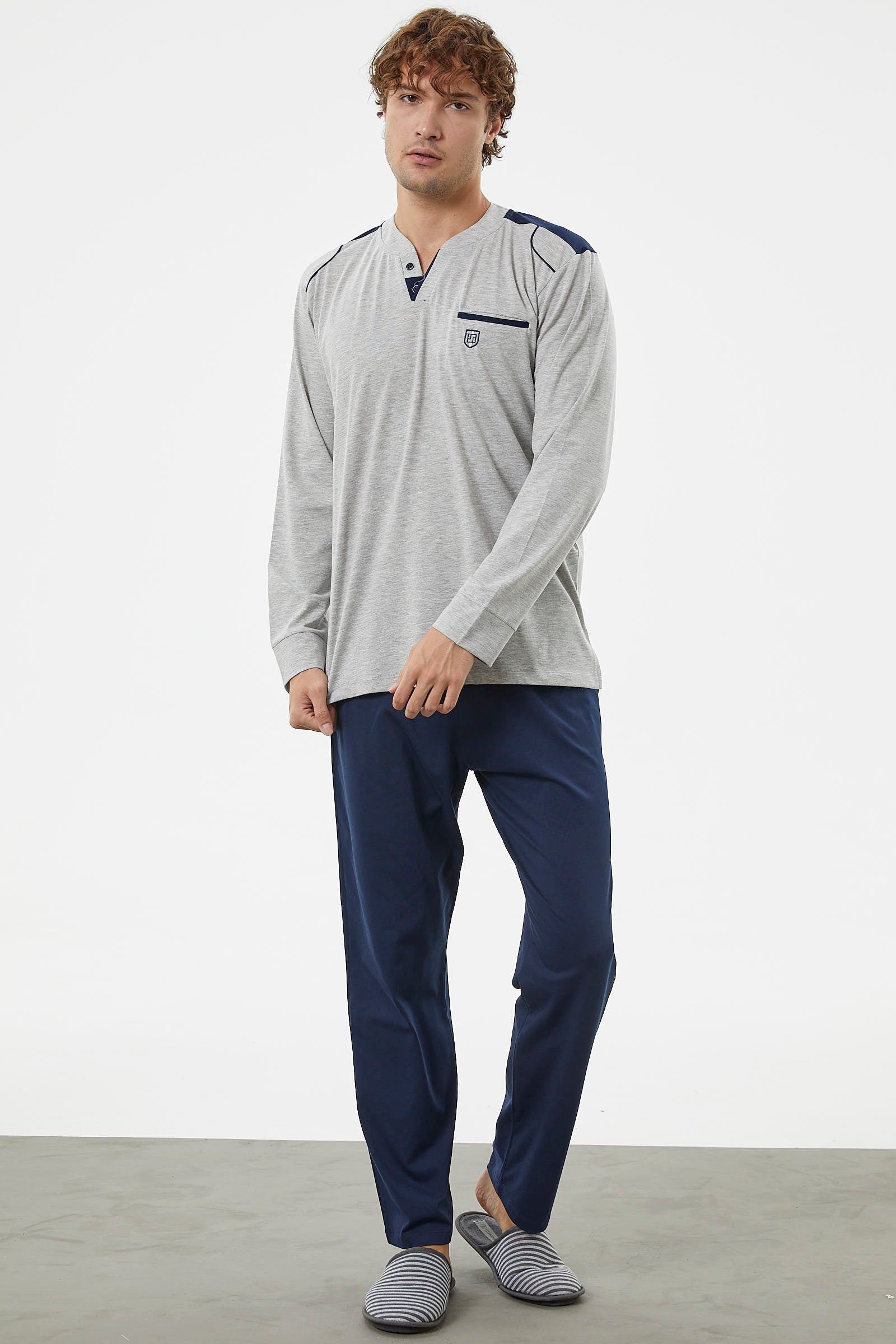 Hakim Yaka Cepli Pijama Takım - Gri (2) Sementa