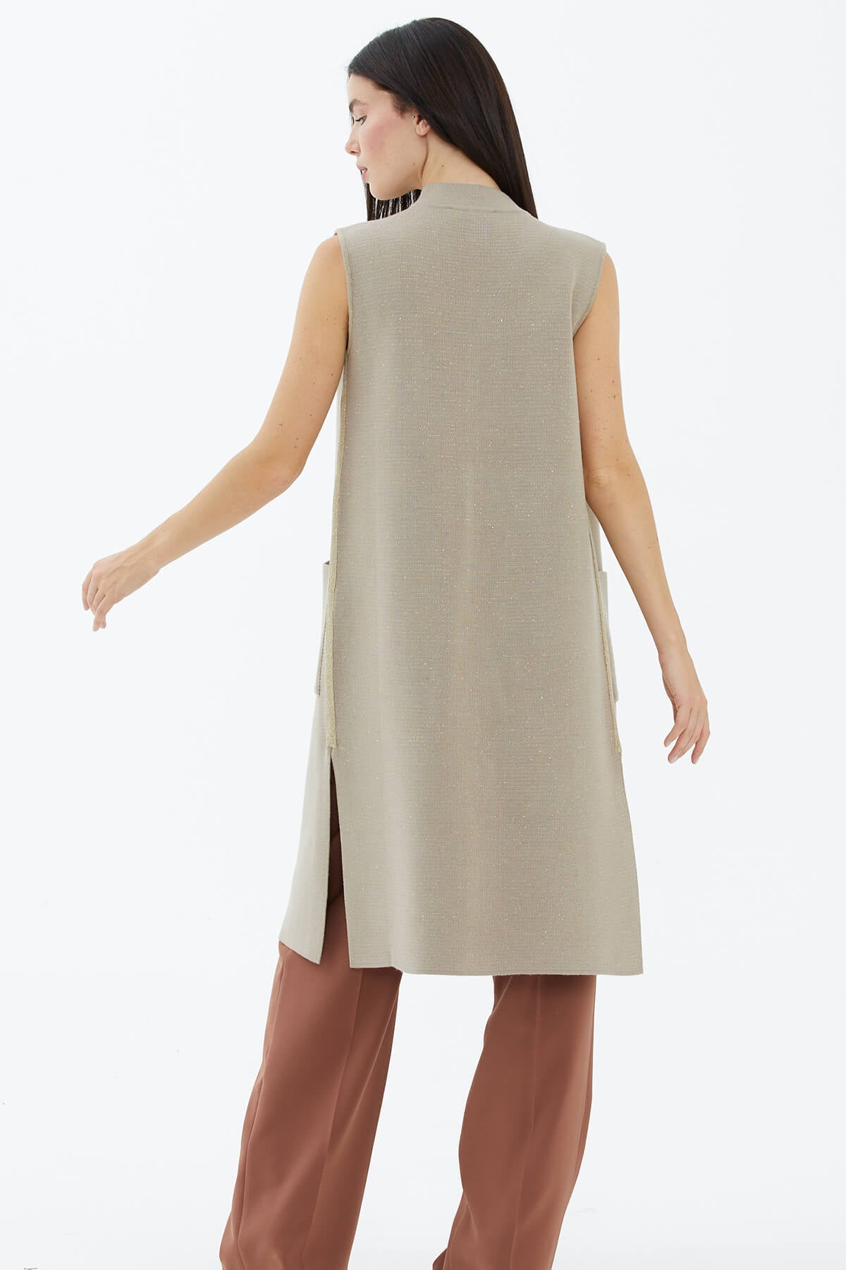 Hakim Yaka Cepli Sim Detaylı Triko Yelek - Vizon (5) Sementa