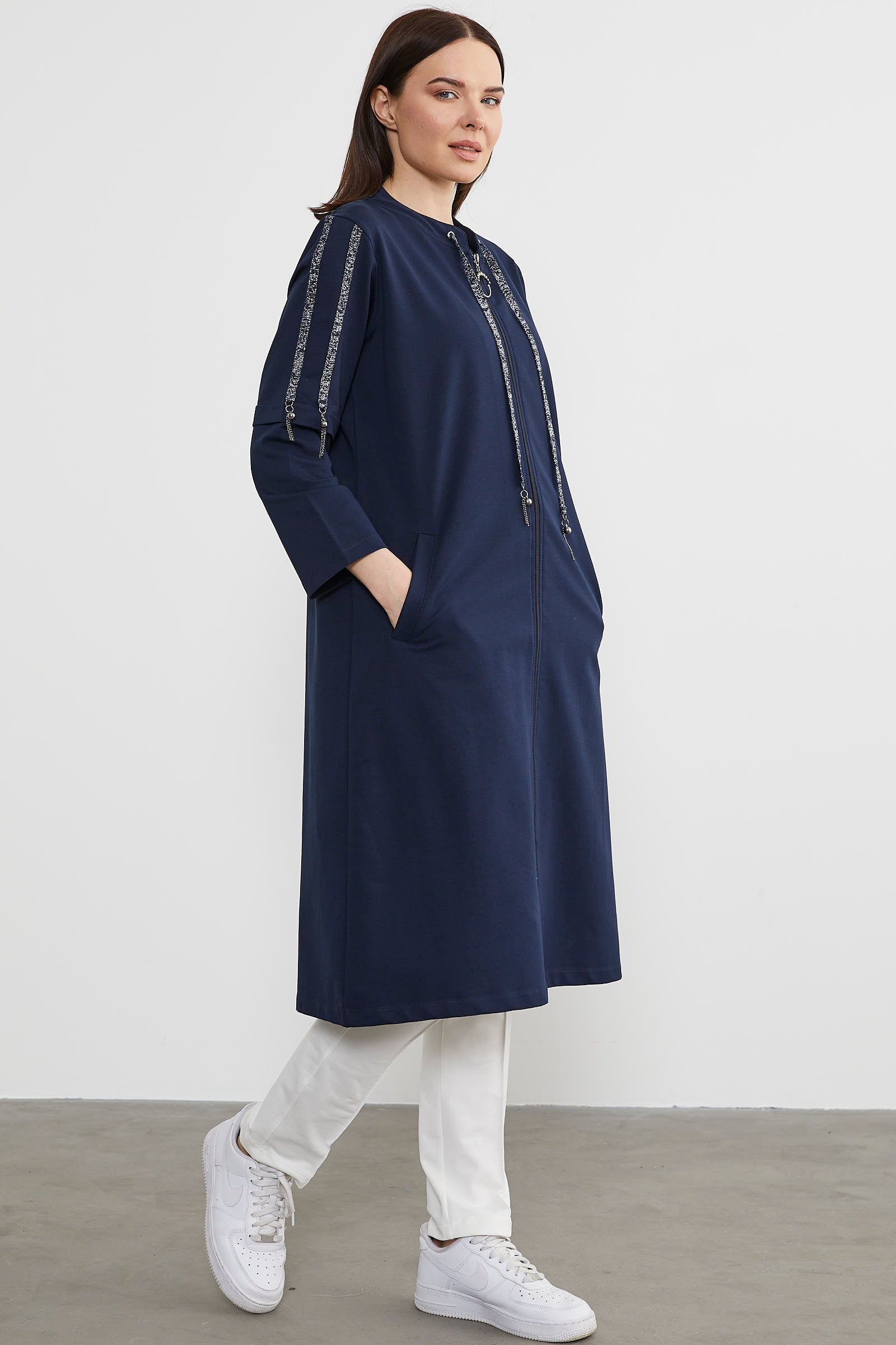 Hakim Yaka Fermuarlı Rahat Kalıp Kap - Lacivert (3) Sementa