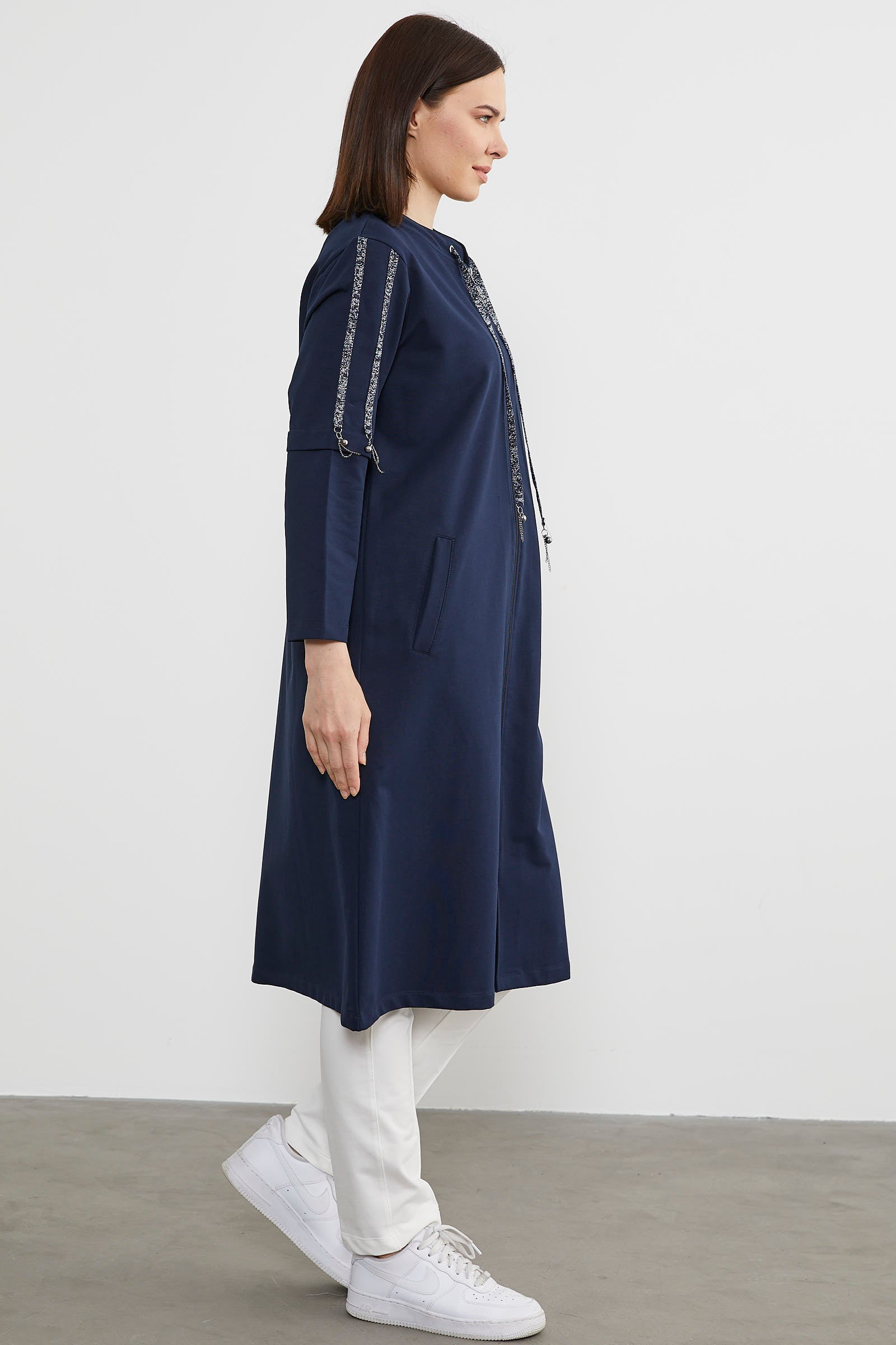 Hakim Yaka Fermuarlı Rahat Kalıp Kap - Lacivert (5) Sementa