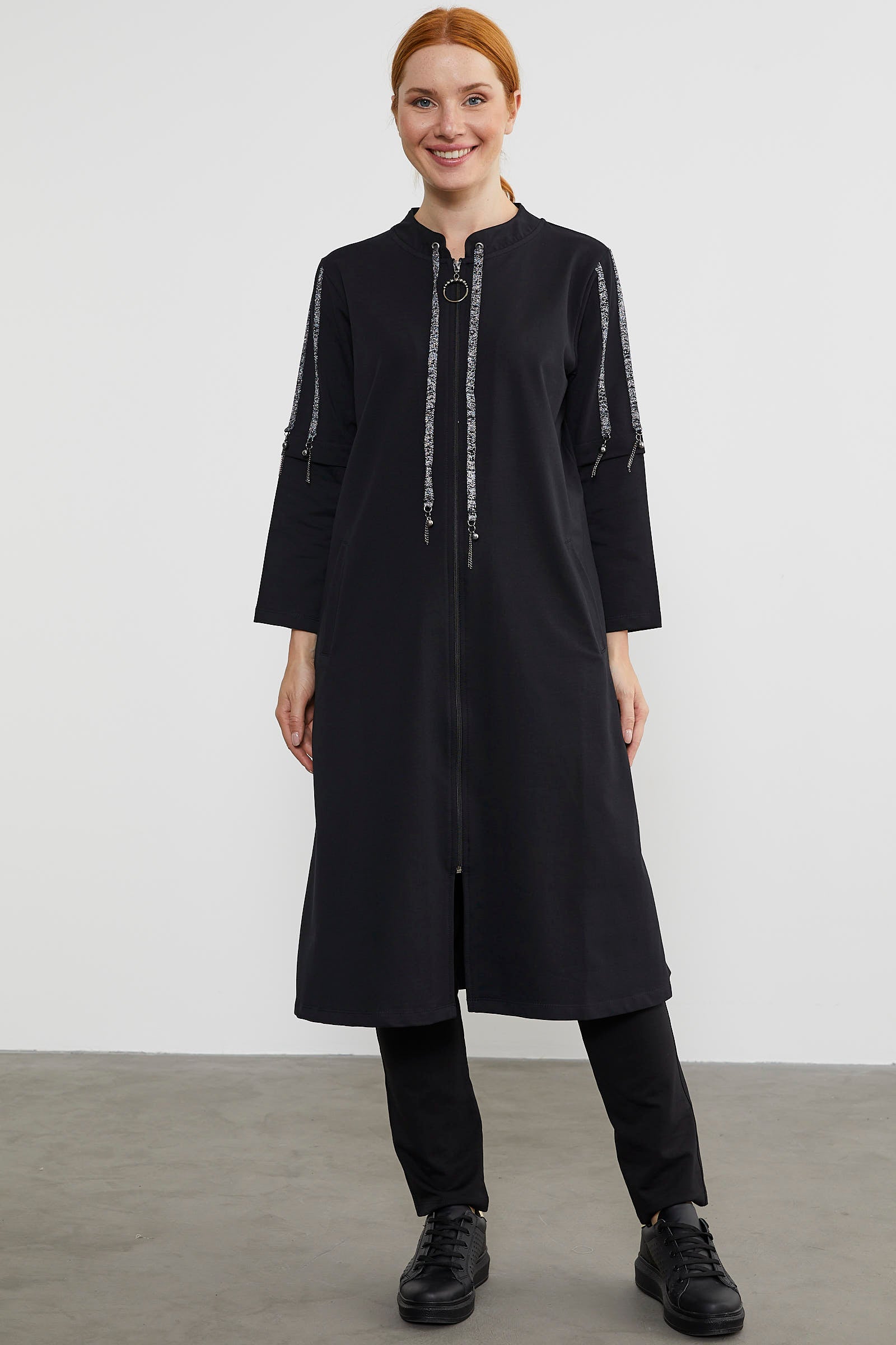 Hakim Yaka Fermuarlı Rahat Kalıp Kap - Siyah (2) Sementa