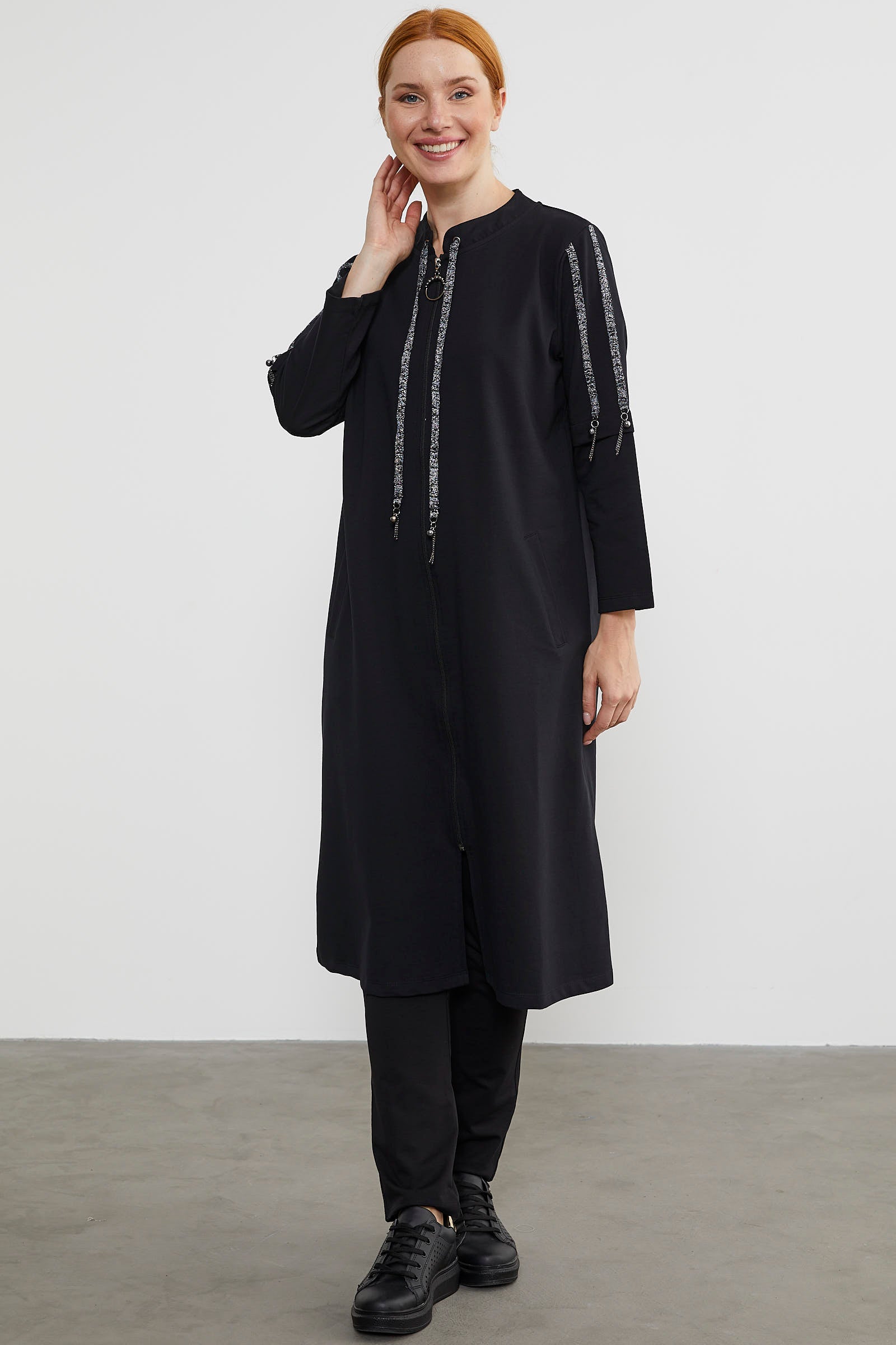 Hakim Yaka Fermuarlı Rahat Kalıp Kap - Siyah (3) Sementa