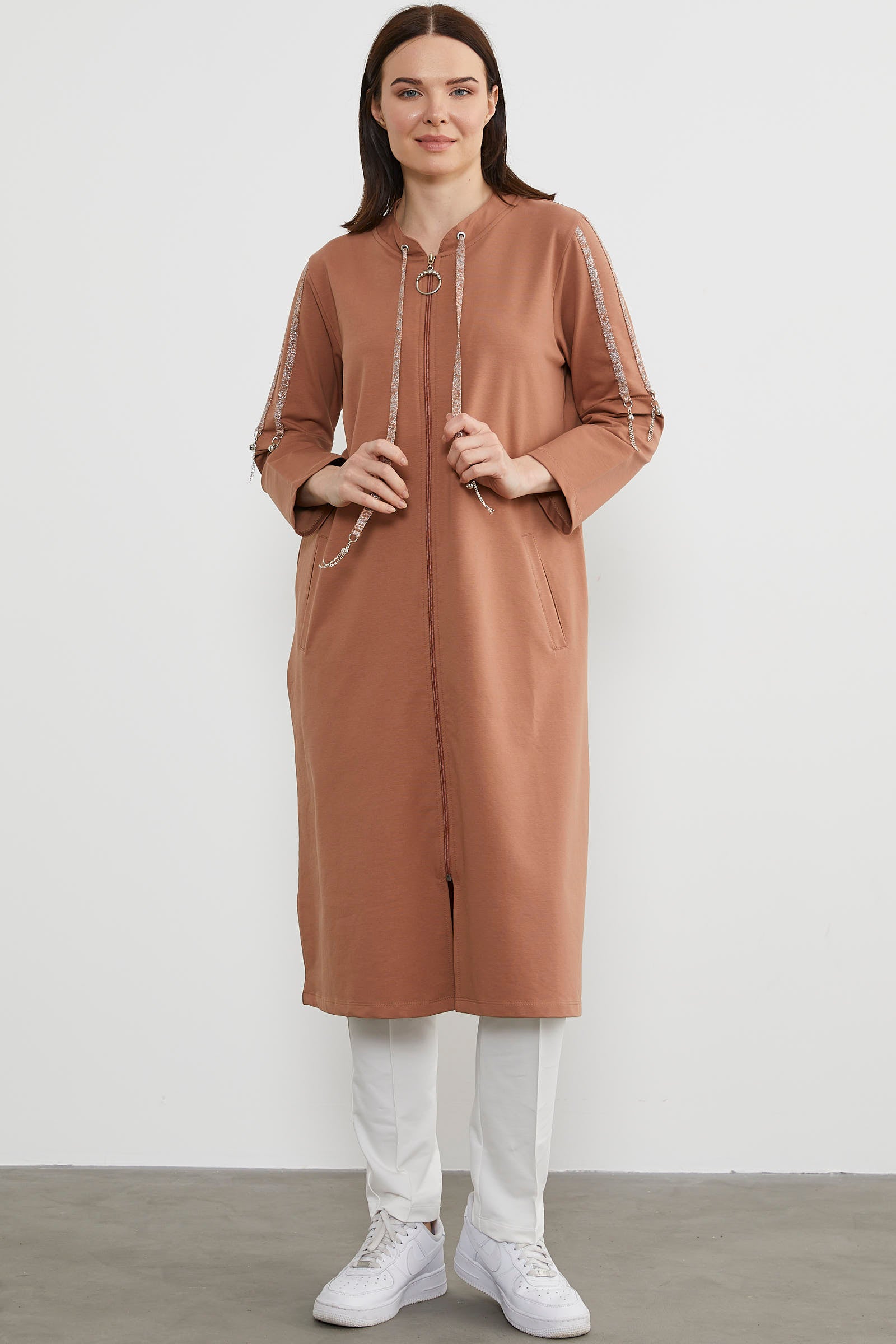 Hakim Yaka Fermuarlı Rahat Kalıp Kap - Sütlü Kahve (3) Sementa