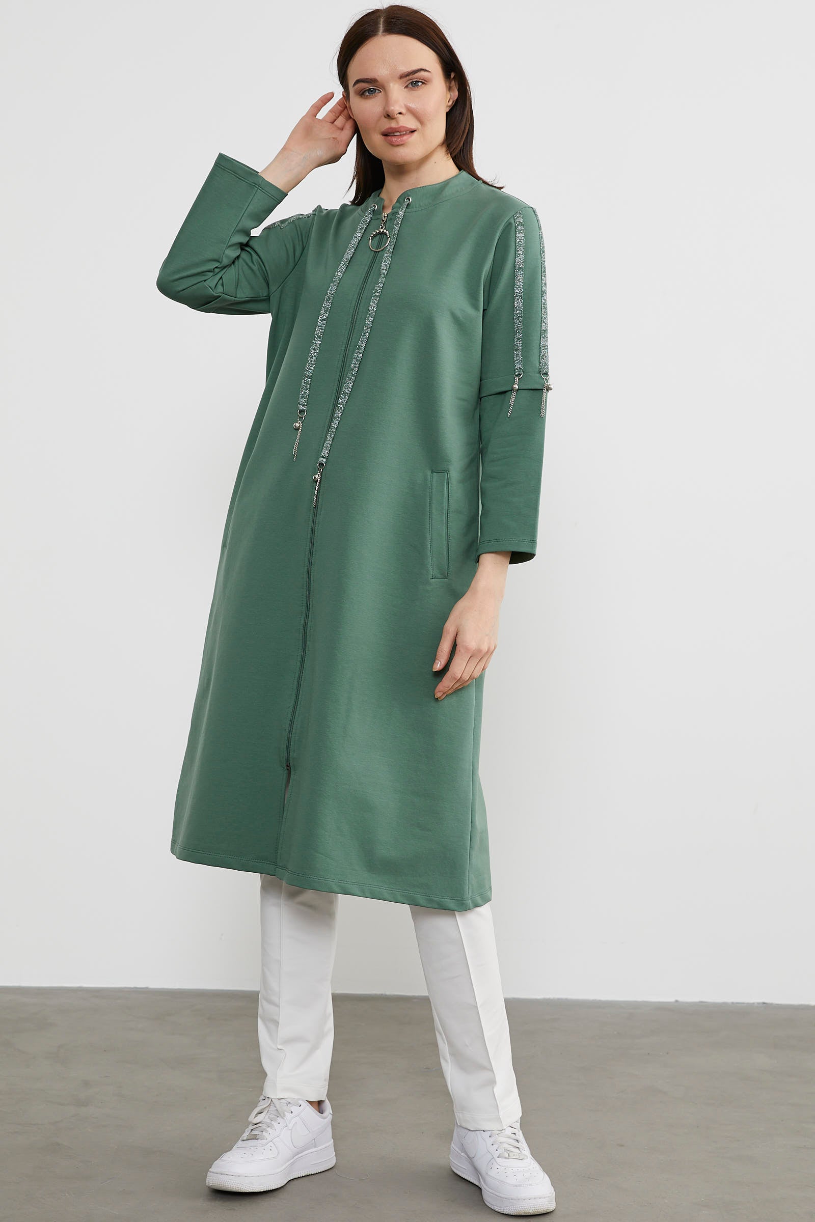 Hakim Yaka Fermuarlı Rahat Kalıp Kap - Yeşil (2) Sementa