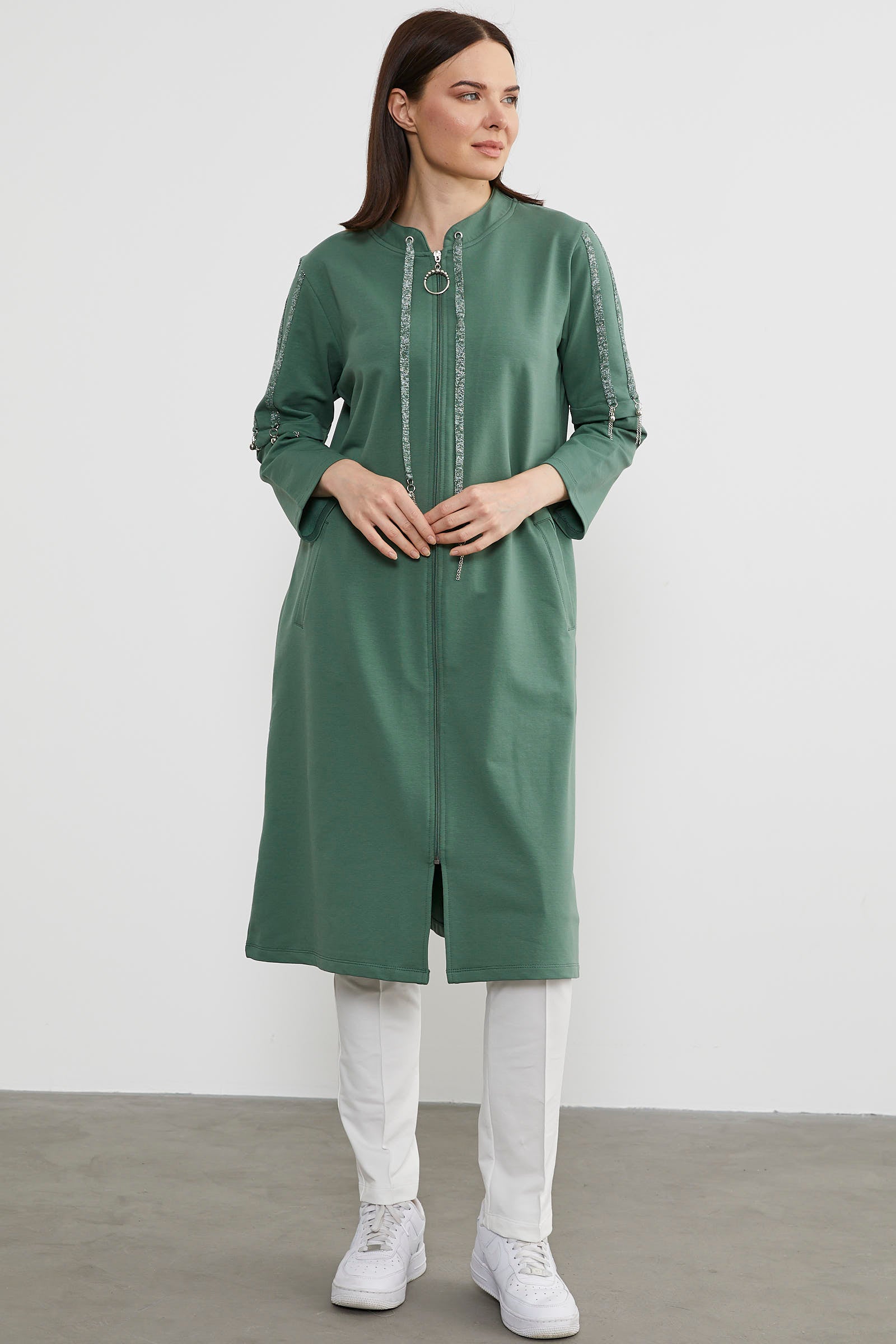 Hakim Yaka Fermuarlı Rahat Kalıp Kap - Yeşil (3) Sementa