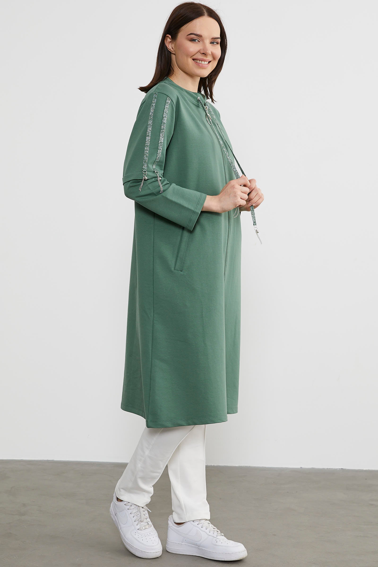 Hakim Yaka Fermuarlı Rahat Kalıp Kap - Yeşil (4) Sementa