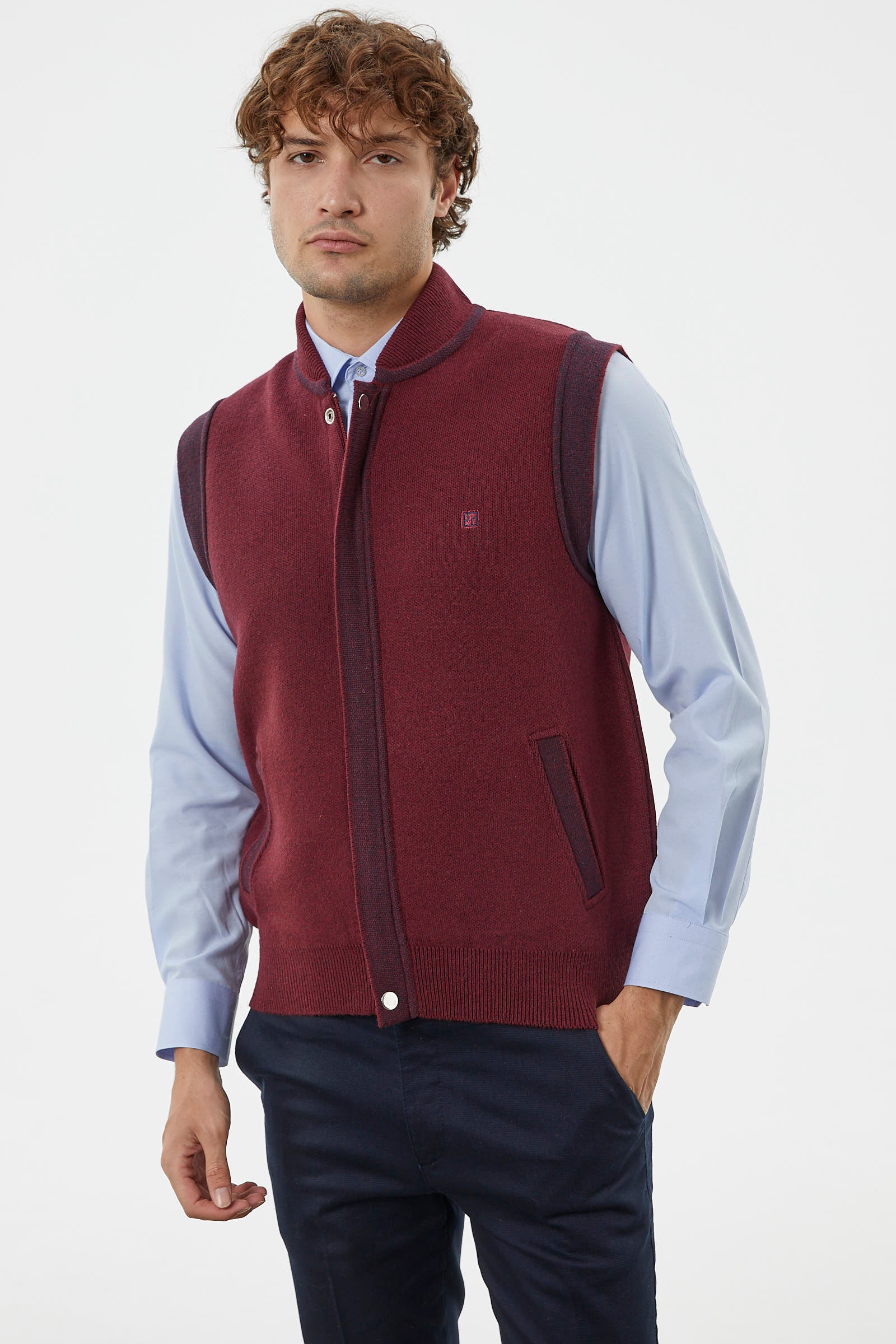 Hakim Yaka Fermuarlı Triko Yelek - Bordo - Lacivert (2) Sementa