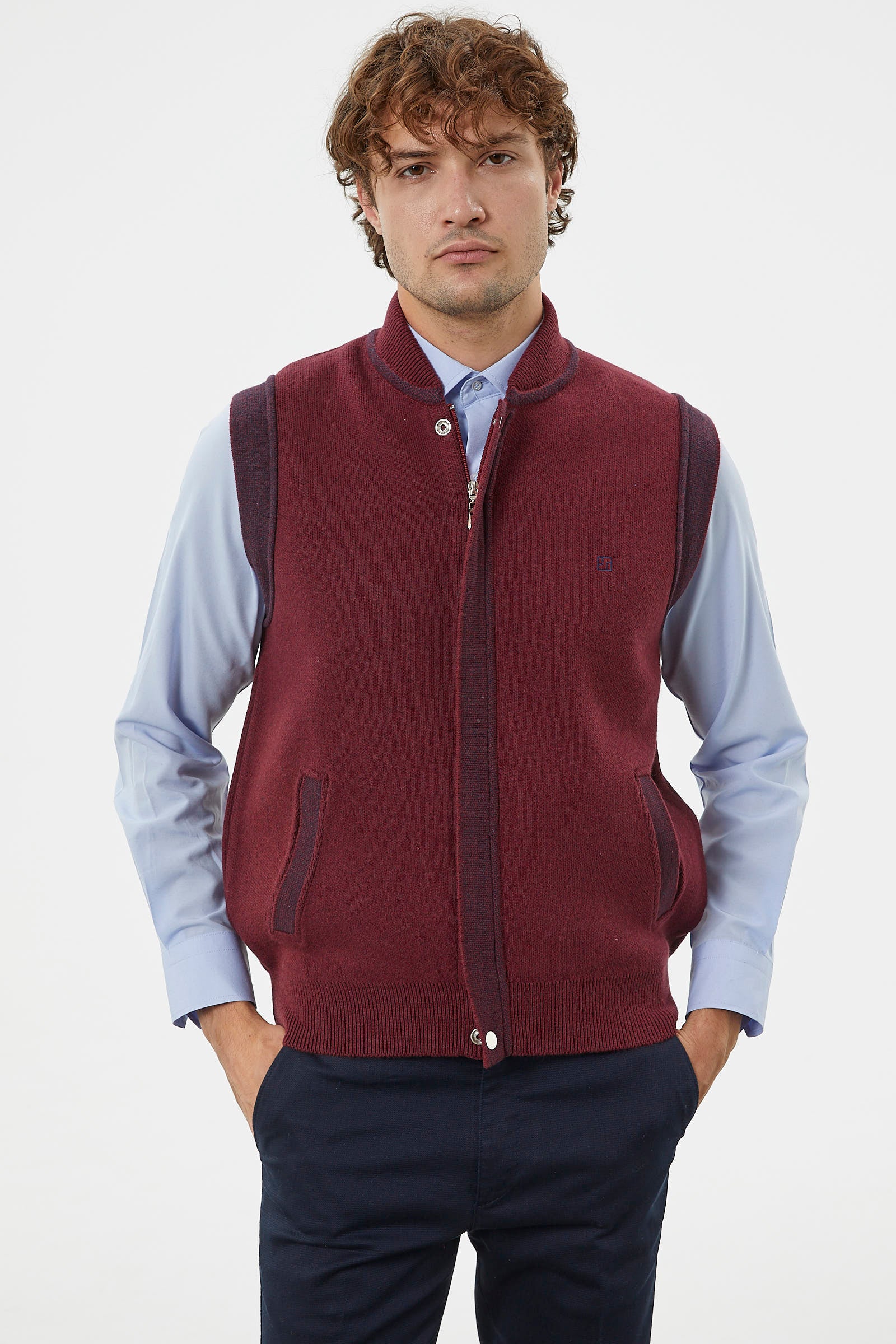 Hakim Yaka Fermuarlı Triko Yelek - Bordo - Lacivert (1) Sementa