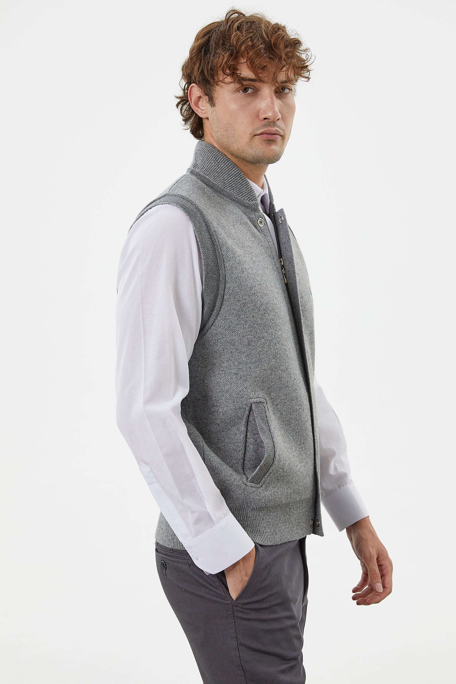 Hakim Yaka Fermuarlı Triko Yelek - Gri - Koyu Gri (6) Sementa