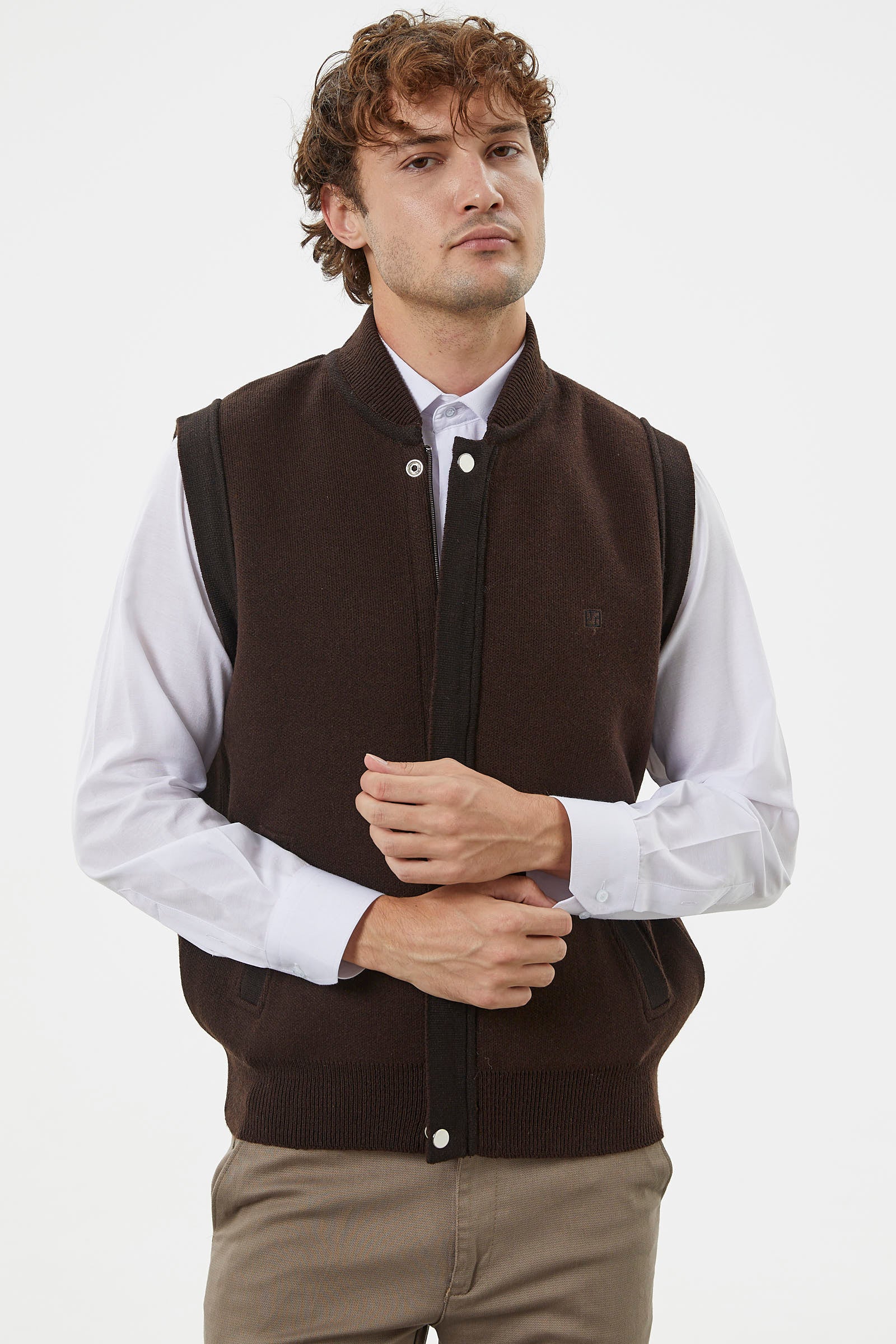 Hakim Yaka Fermuarlı Triko Yelek - Kahve - Siyah (1) Sementa