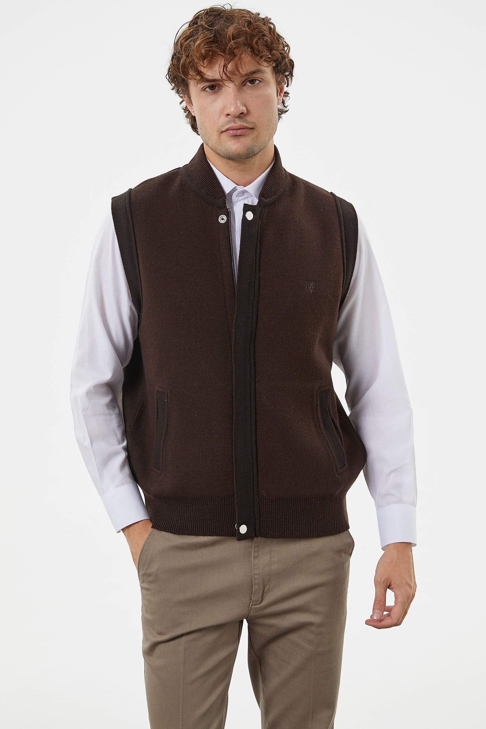 Hakim Yaka Fermuarlı Triko Yelek - Kahve - Siyah (2) Sementa