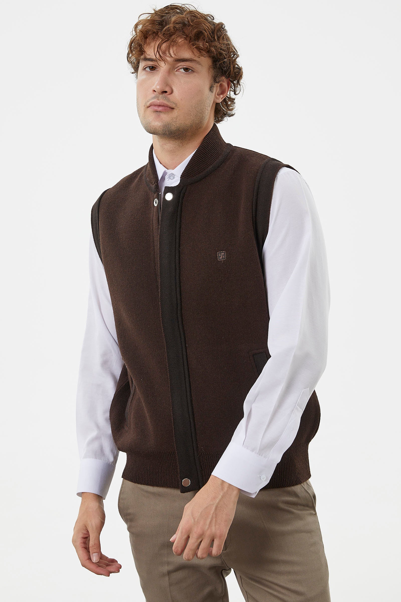 Hakim Yaka Fermuarlı Triko Yelek - Kahve - Siyah (4) Sementa