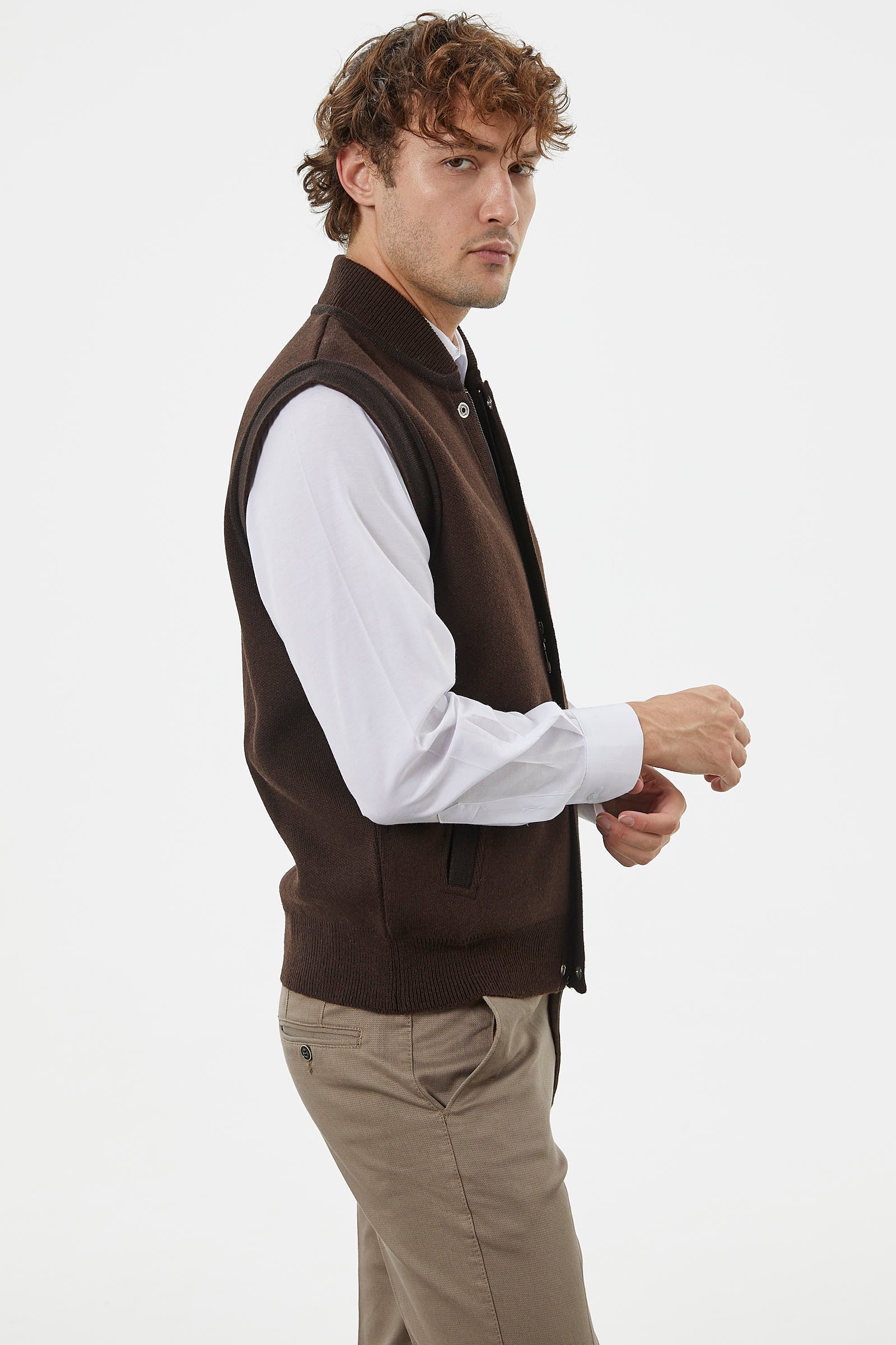 Hakim Yaka Fermuarlı Triko Yelek - Kahve - Siyah (5) Sementa