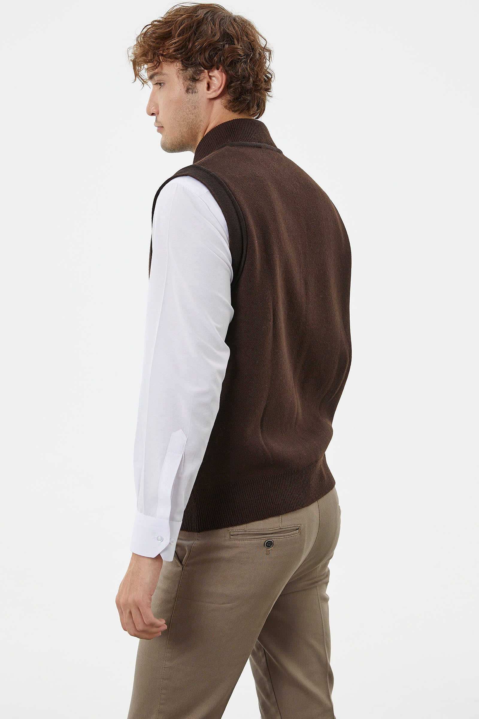 Hakim Yaka Fermuarlı Triko Yelek - Kahve - Siyah (6) Sementa