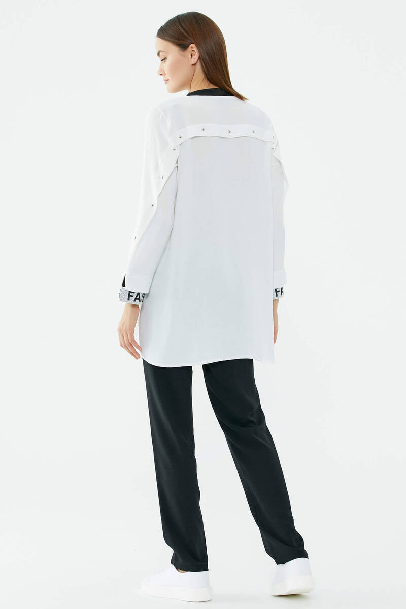 Hakim Yaka Sim Detaylı Geniş Kalıp Krep Takım - Ekru - Siyah (5) Sementa