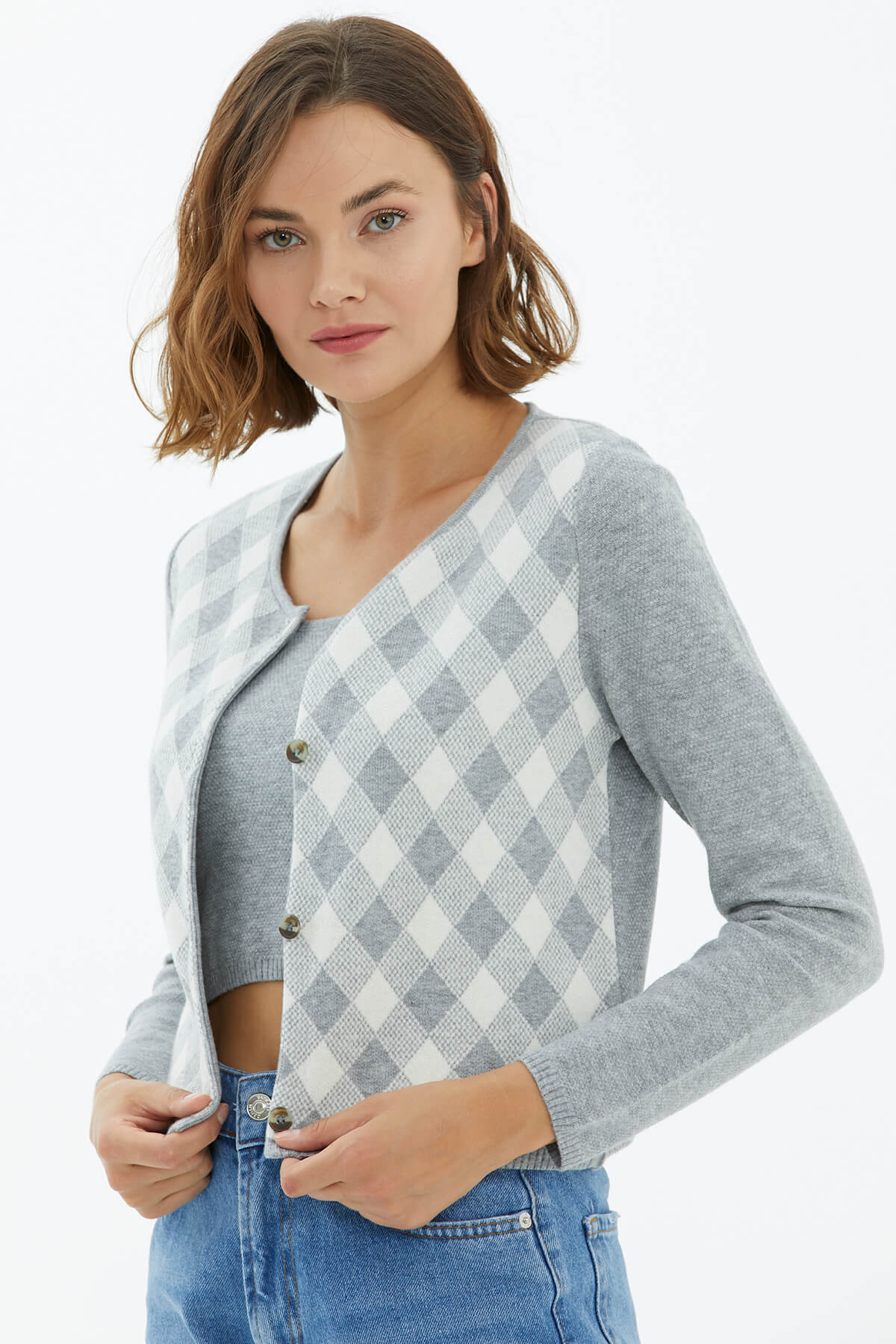 İçi Croplu Hırka Takım - Gri (3) Sementa