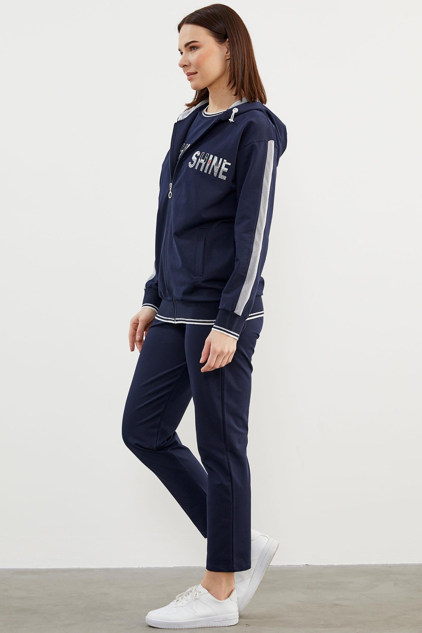 İçi Croplu Üçlü Kapüşonlu Eşofman Takım - Lacivert (5) Sementa