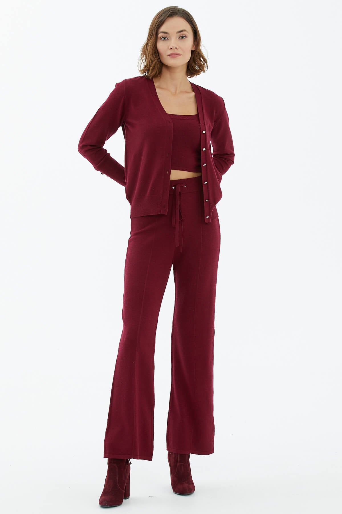 İçi Croplu Üçlü Triko Takım - Bordo (3) Sementa