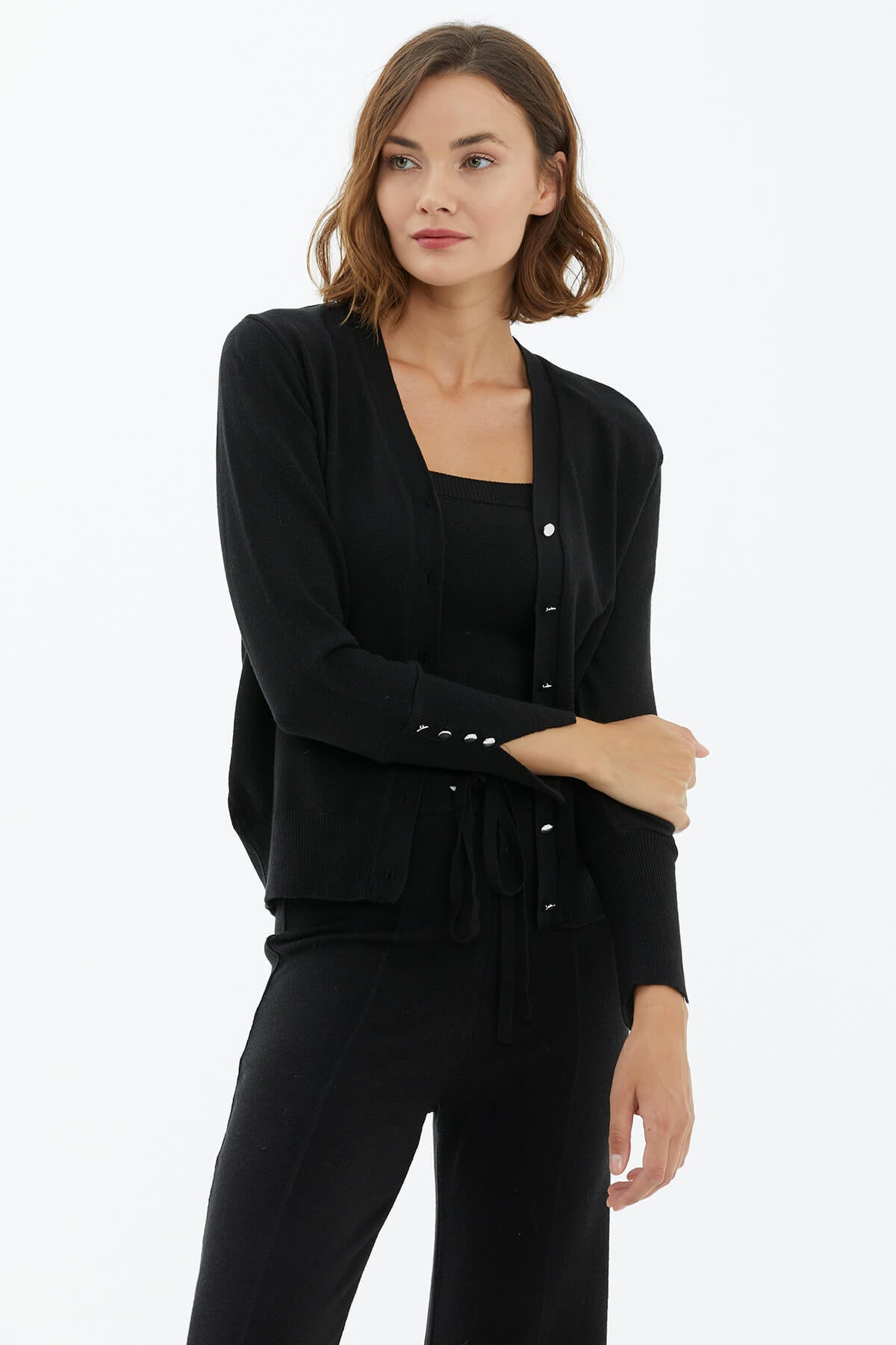 İçi Croplu Üçlü Triko Takım - Siyah (3) Sementa