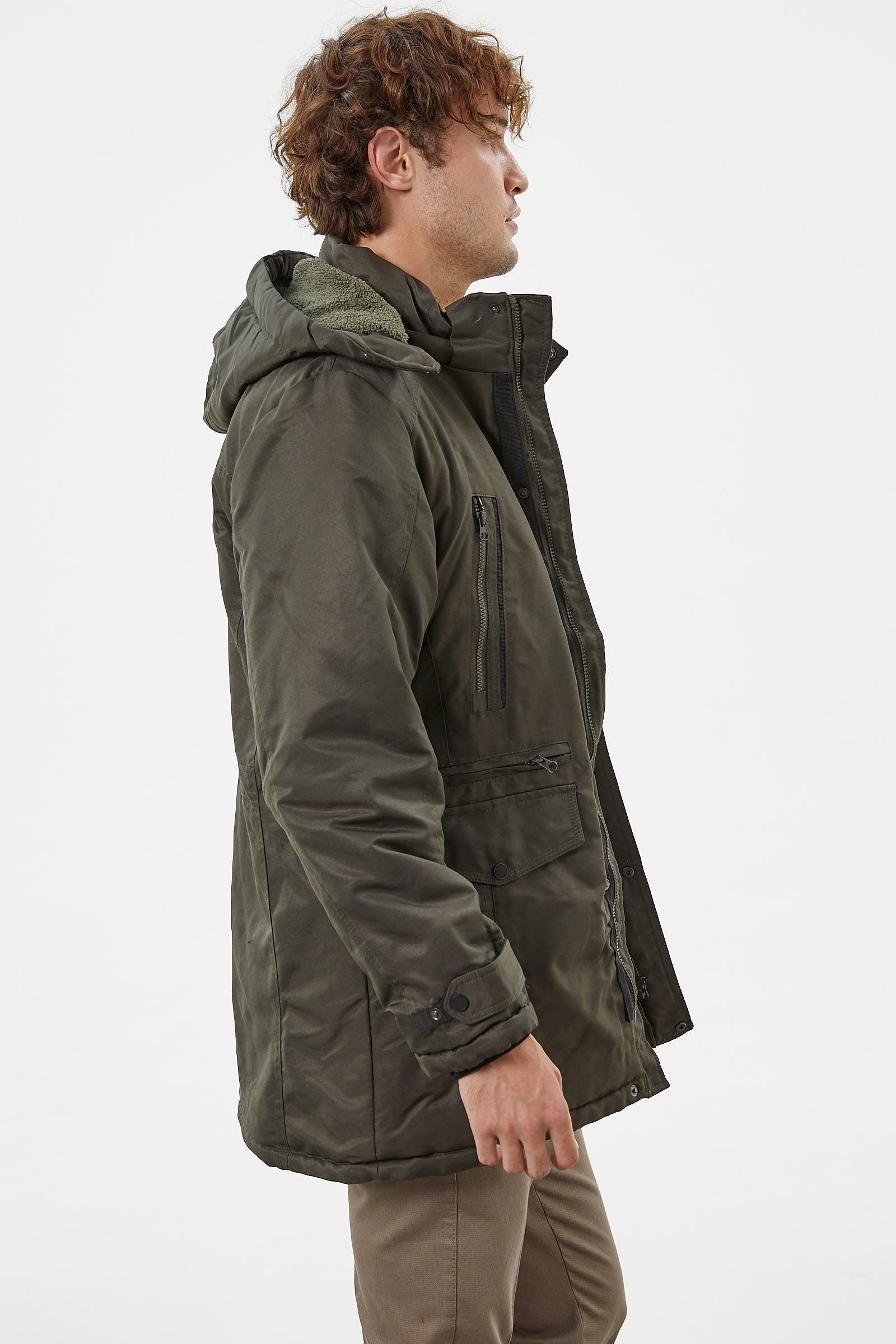 İçi Komple Pelüş Kapüşonlu Mont - Haki (5) Sementa