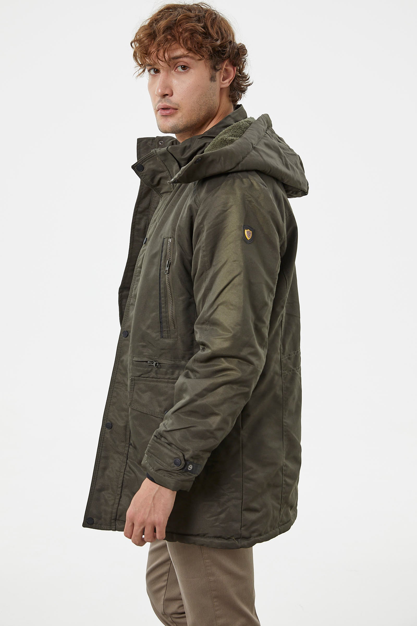 İçi Komple Pelüş Kapüşonlu Mont - Haki (6) Sementa