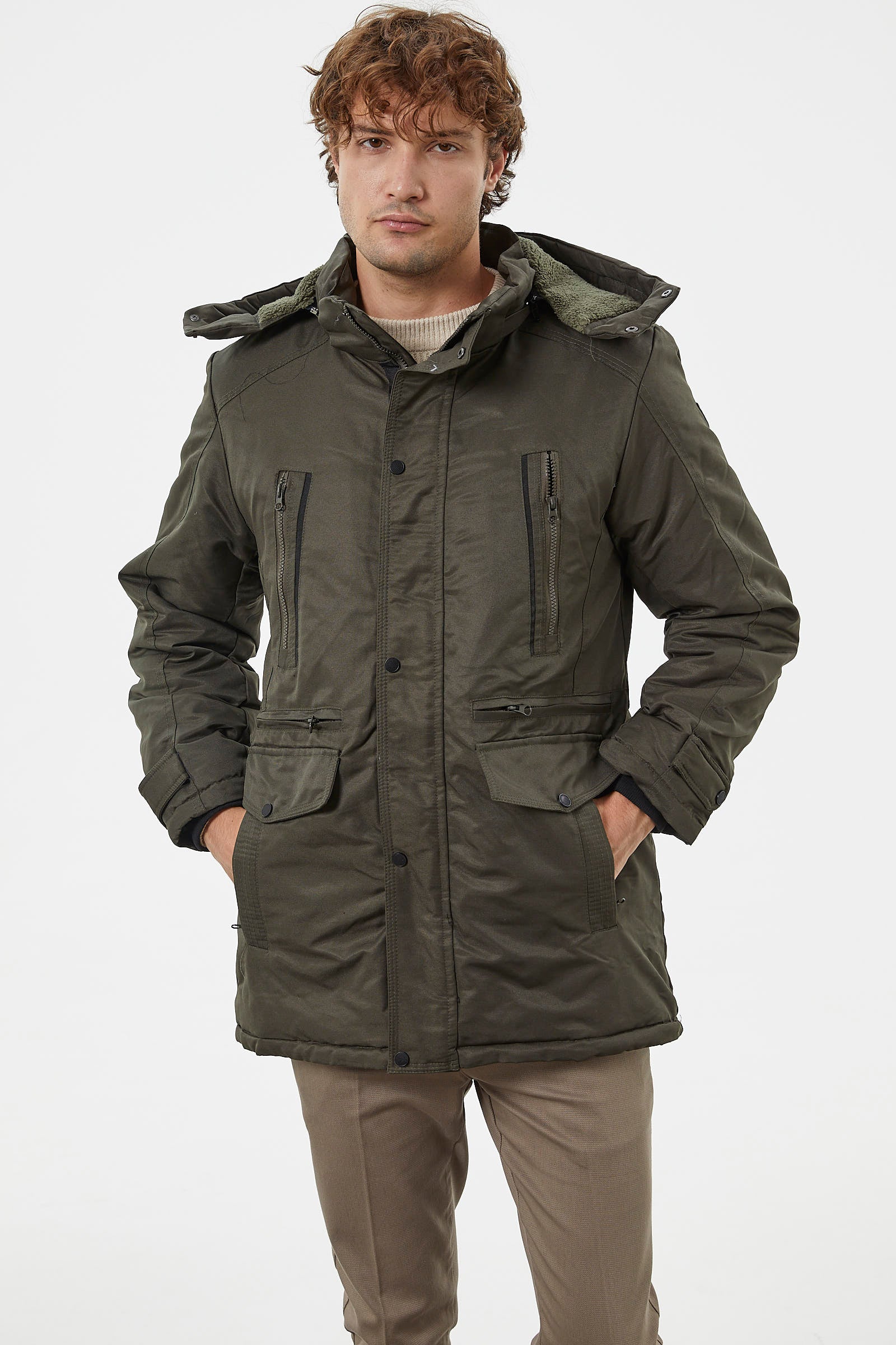 İçi Komple Pelüş Kapüşonlu Mont - Haki (2) Sementa